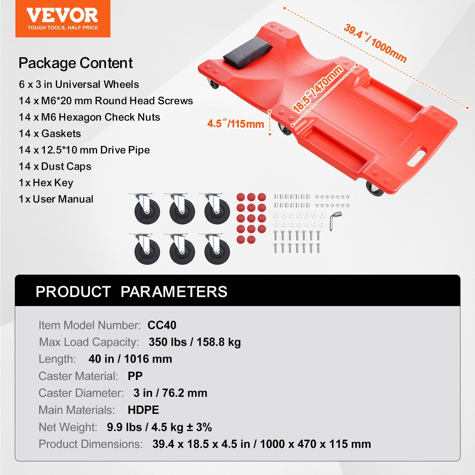 VEVOR Mechanic Plastic Creeper, 1016 mm, 158.8 kg Capacity Automotive Rolling Garage Creeper with Molded Ergonomic HDPE Body Padded Headrest & Dual Tool Trays 6 Wheels, for Garage Shop Auto Repair