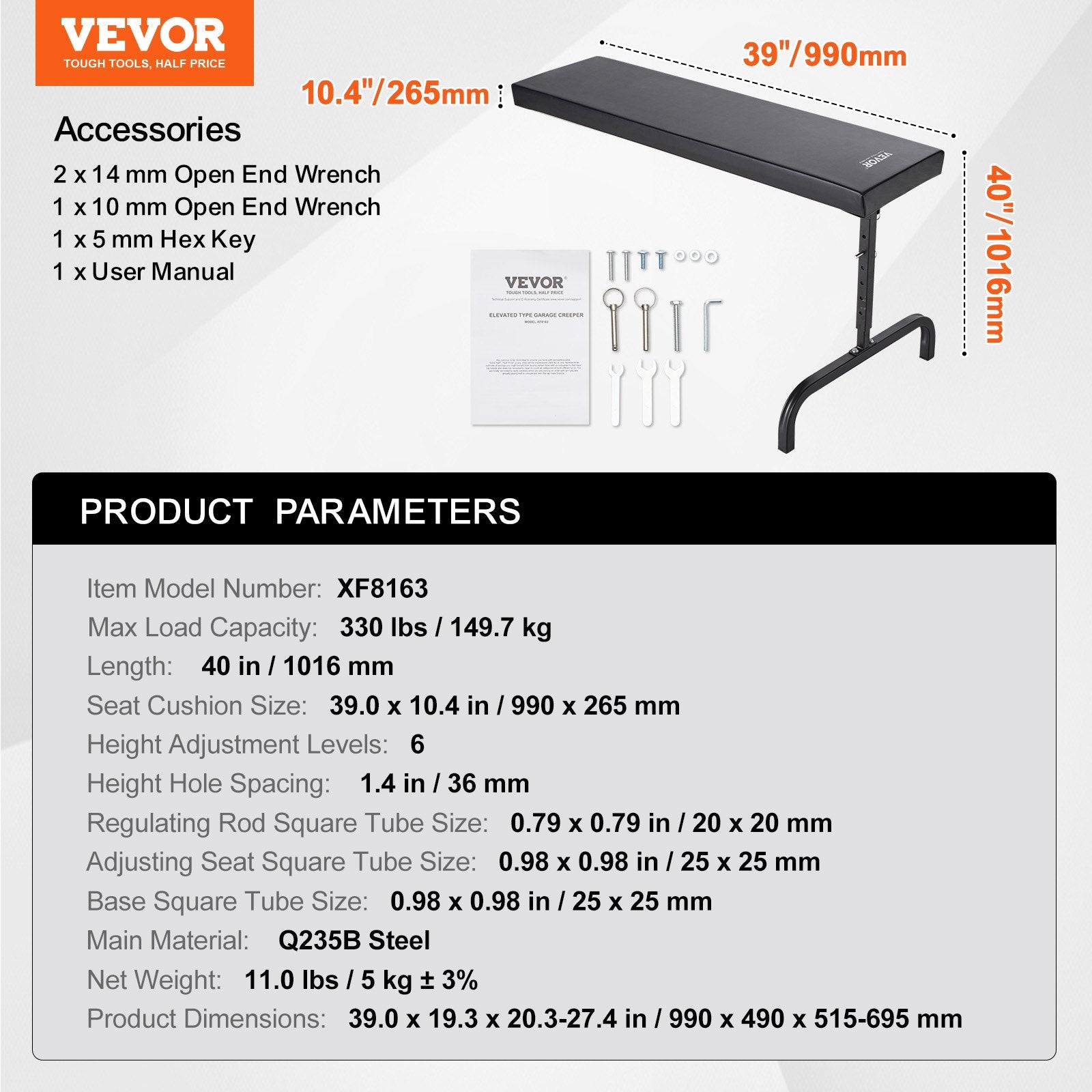 VEVOR Under Dash Creeper, 1016 mm, 149.7 kg Capacity Rolling Mechanic Garage Creeper, 20.3-27.4 in Height Adjustable, Laying Down or Upright Inside of Car or Truck, Easy Fold Support for Garage Shop
