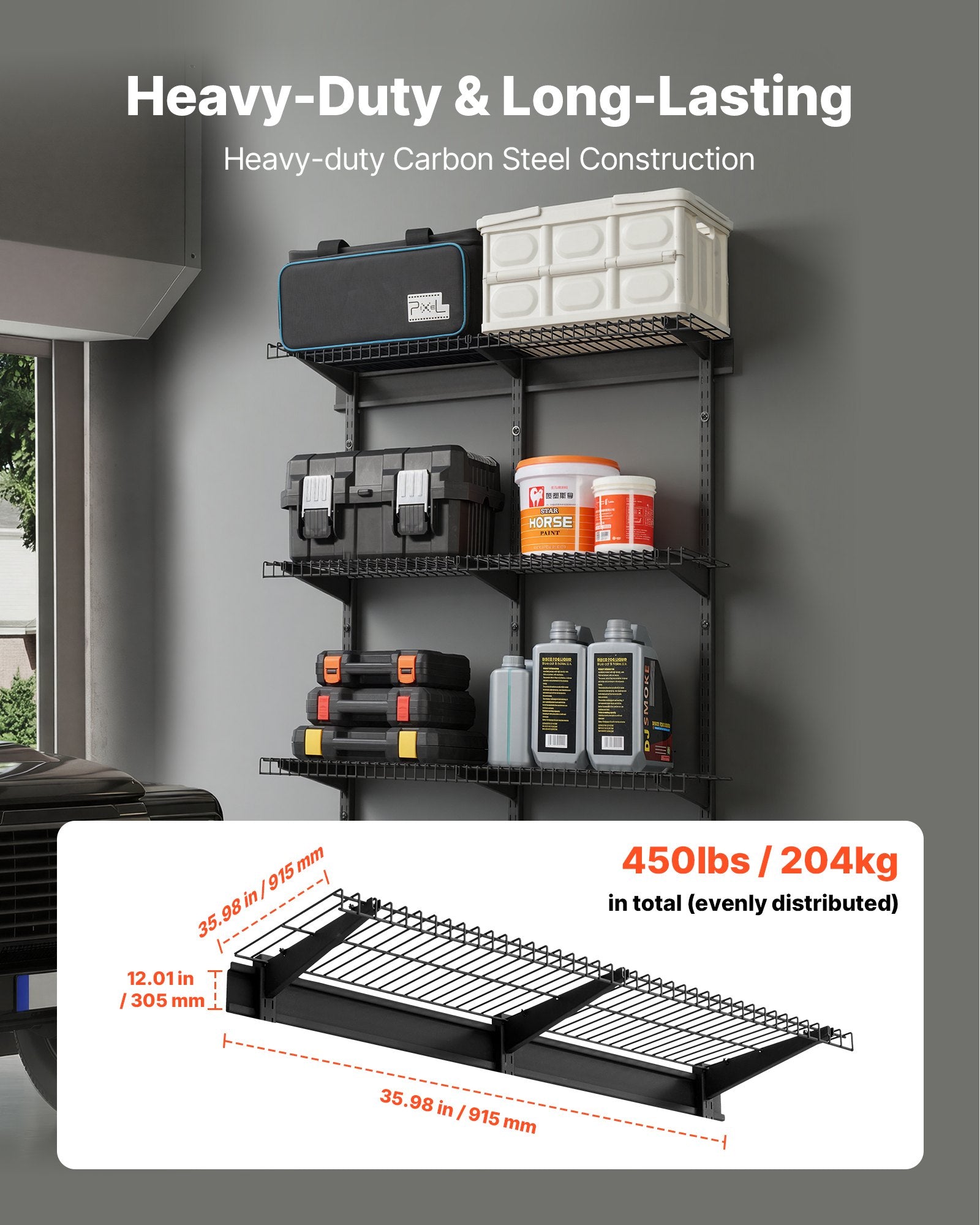 VEVOR 3-Tier Heavy Duty Wall Garage Shelving, 275 x 914 mm Steel Wall Mounted Shelving Unit, 275 x 914 mm Per Shelf Floating Storage Metal Rack for Garage with 204 kg Total Weight Capacity, Black