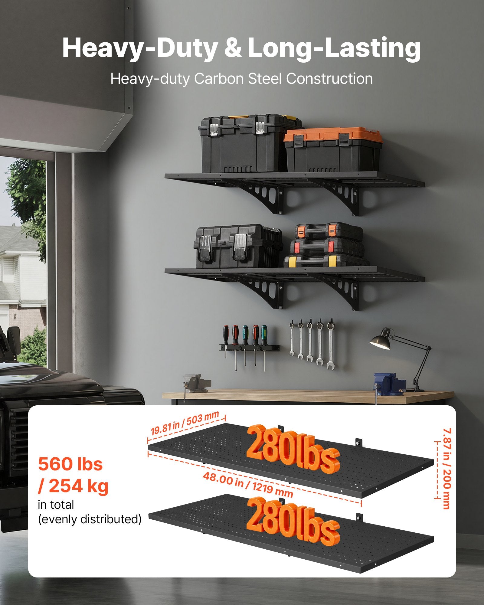 VEVOR 2-Tier Heavy Duty Wall Garage Shelving, 50 x 122 cm Steel Wall Mounted Shelving Unit, 500 x 1219 mm Per Shelf Floating Storage Metal Rack for Garage with 254 kg Total Weight Capacity, Black
