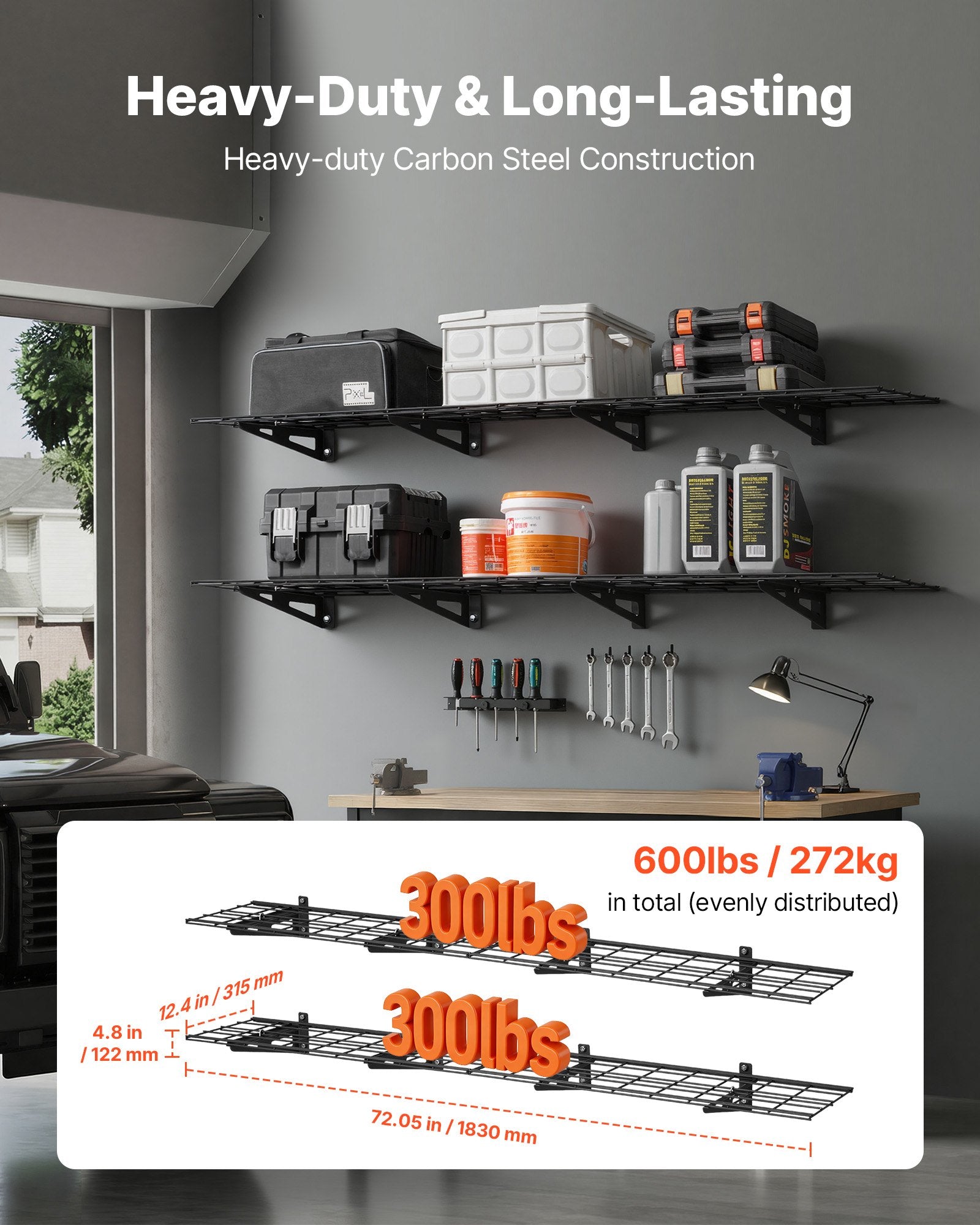 VEVOR 2-Tier Heavy Duty Wall Garage Shelving, 4 Pack 305 x 914 mm Steel Wall Mounted Shelving Unit, 305 x 1828 mm Per Shelf Floating Storage Metal Rack for Garage, 272 kg Total Weight Capacity, Black