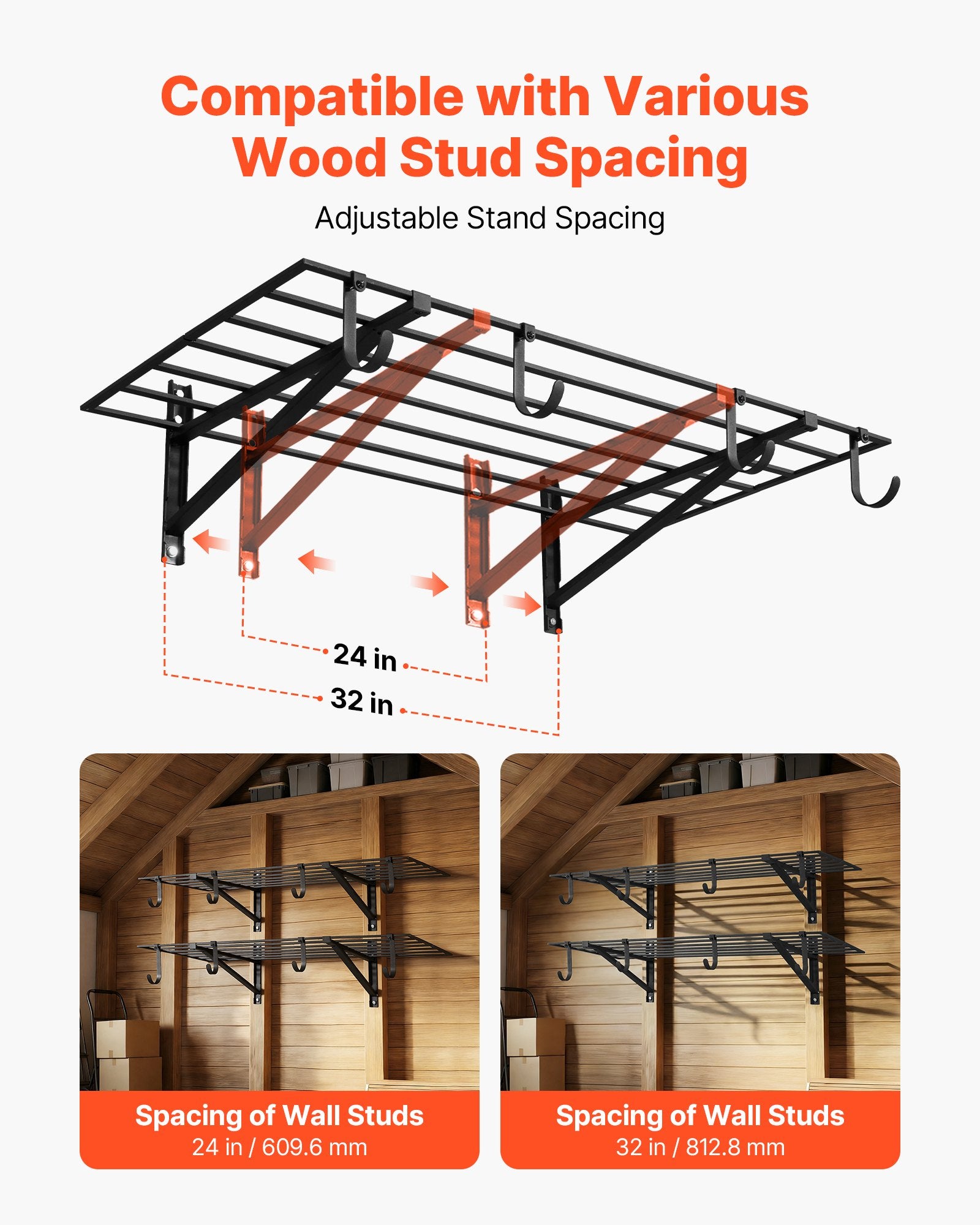 VEVOR 2-Tier Heavy Duty Wall Garage Shelving, 61 x 122 cm Steel Wall Mounted Shelving Unit with Hooks, 610 x 1219 mm Per Shelf Floating Storage Metal Rack with 235 kg Total Weight Capacity, Black