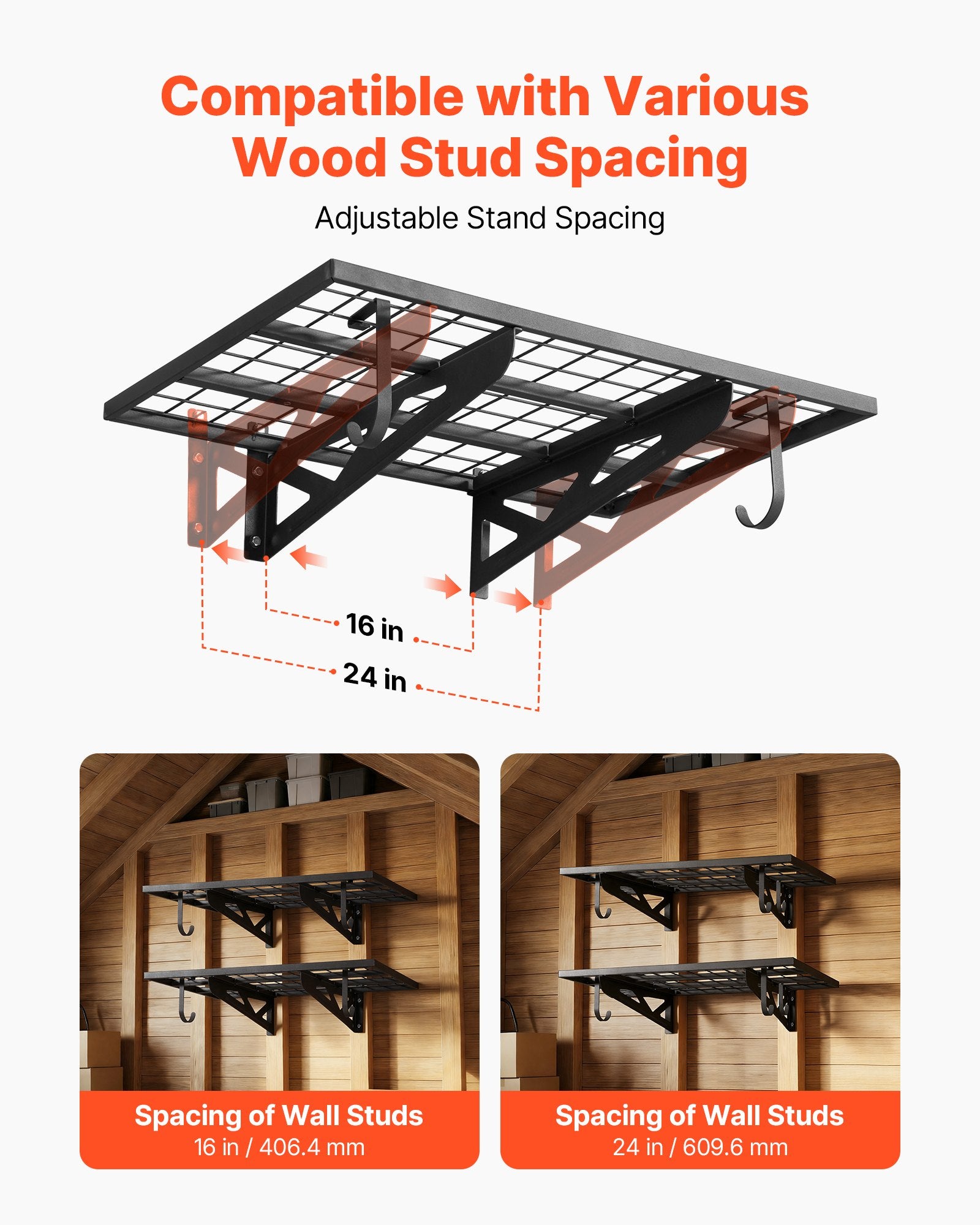 VEVOR 2-Tier Heavy Duty Wall Garage Shelving, 610 x 914 mm Steel Wall Mounted Shelving Unit with Hooks, 610 x 914 mm Per Shelf Floating Storage Metal Rack for Garage, 227 kg Total Weight Capacity