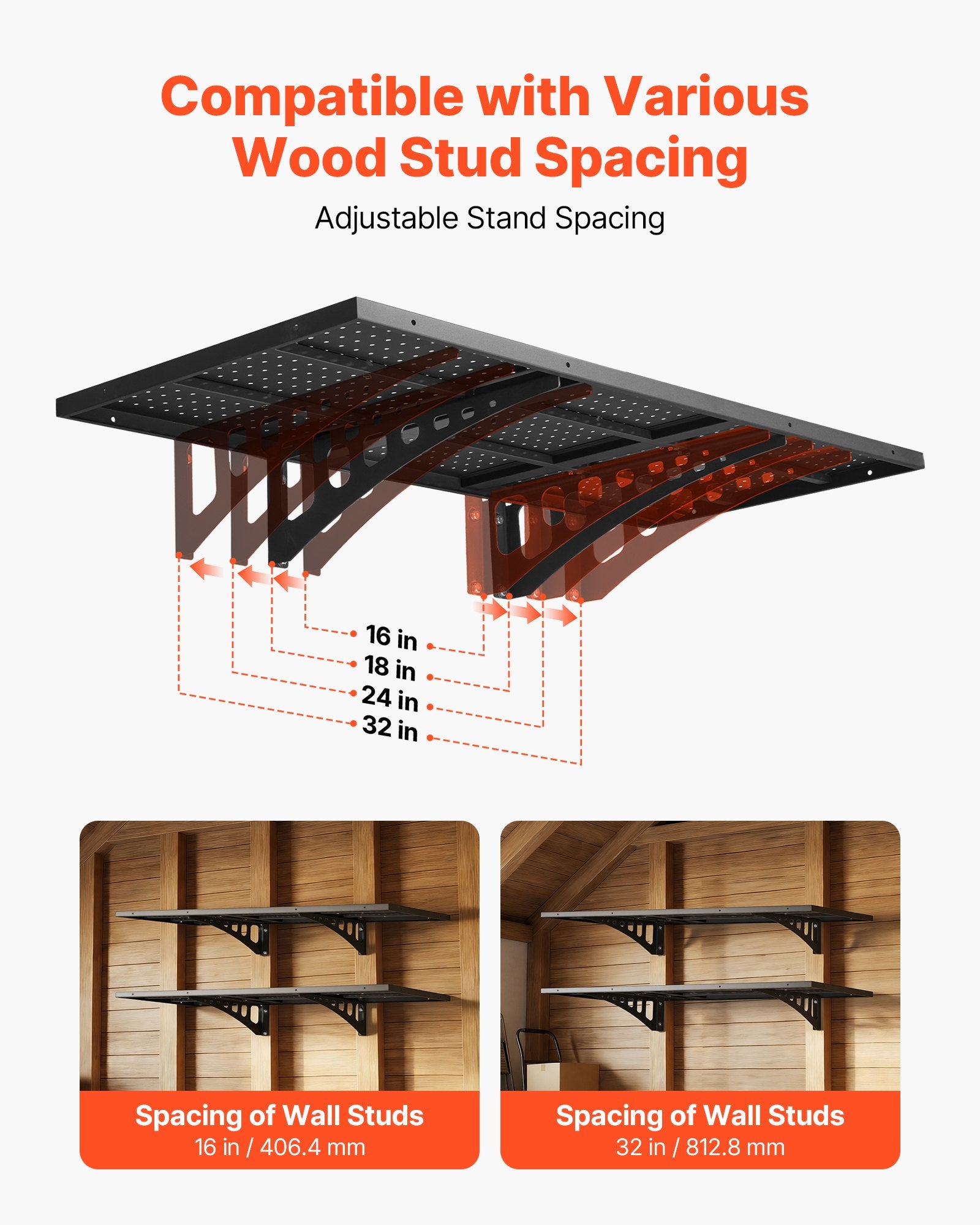 VEVOR 2-Tier Heavy Duty Wall Garage Shelving, 50 x 122 cm Steel Wall Mounted Shelving Unit, 500 x 1219 mm Per Shelf Floating Storage Metal Rack for Garage with 254 kg Total Weight Capacity, Black