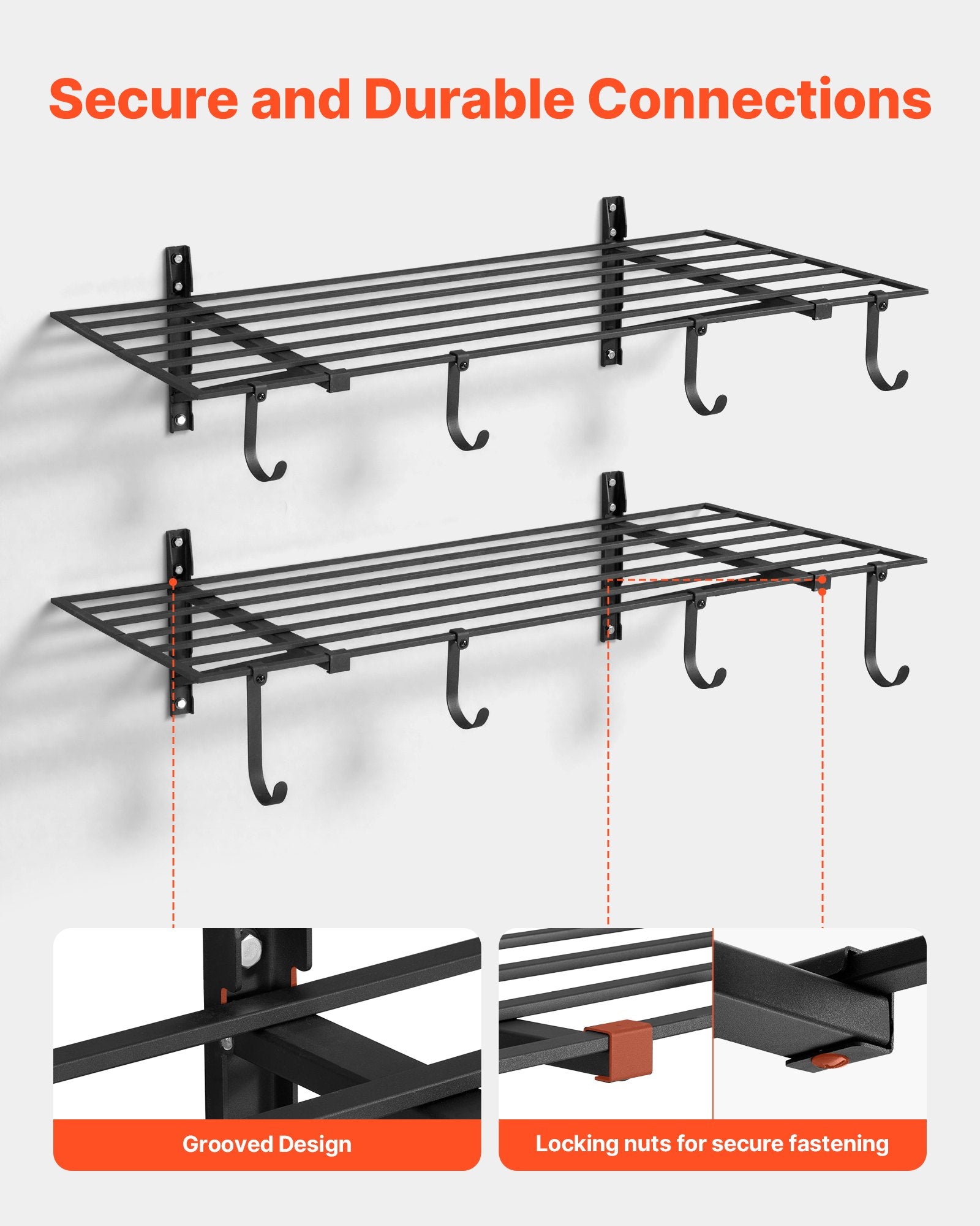 VEVOR 2-Tier Heavy Duty Wall Garage Shelving, 61 x 122 cm Steel Wall Mounted Shelving Unit with Hooks, 610 x 1219 mm Per Shelf Floating Storage Metal Rack with 235 kg Total Weight Capacity, Black