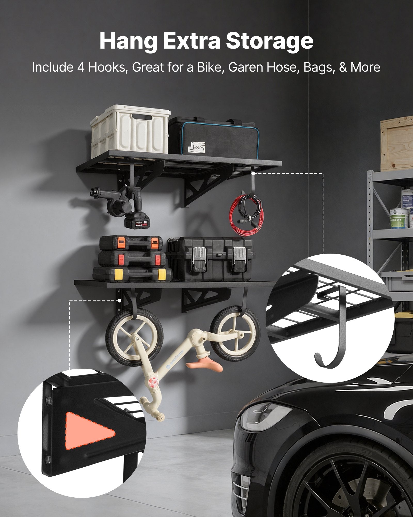VEVOR 2-Tier Heavy Duty Wall Garage Shelving, 610 x 914 mm Steel Wall Mounted Shelving Unit with Hooks, 610 x 914 mm Per Shelf Floating Storage Metal Rack for Garage, 227 kg Total Weight Capacity