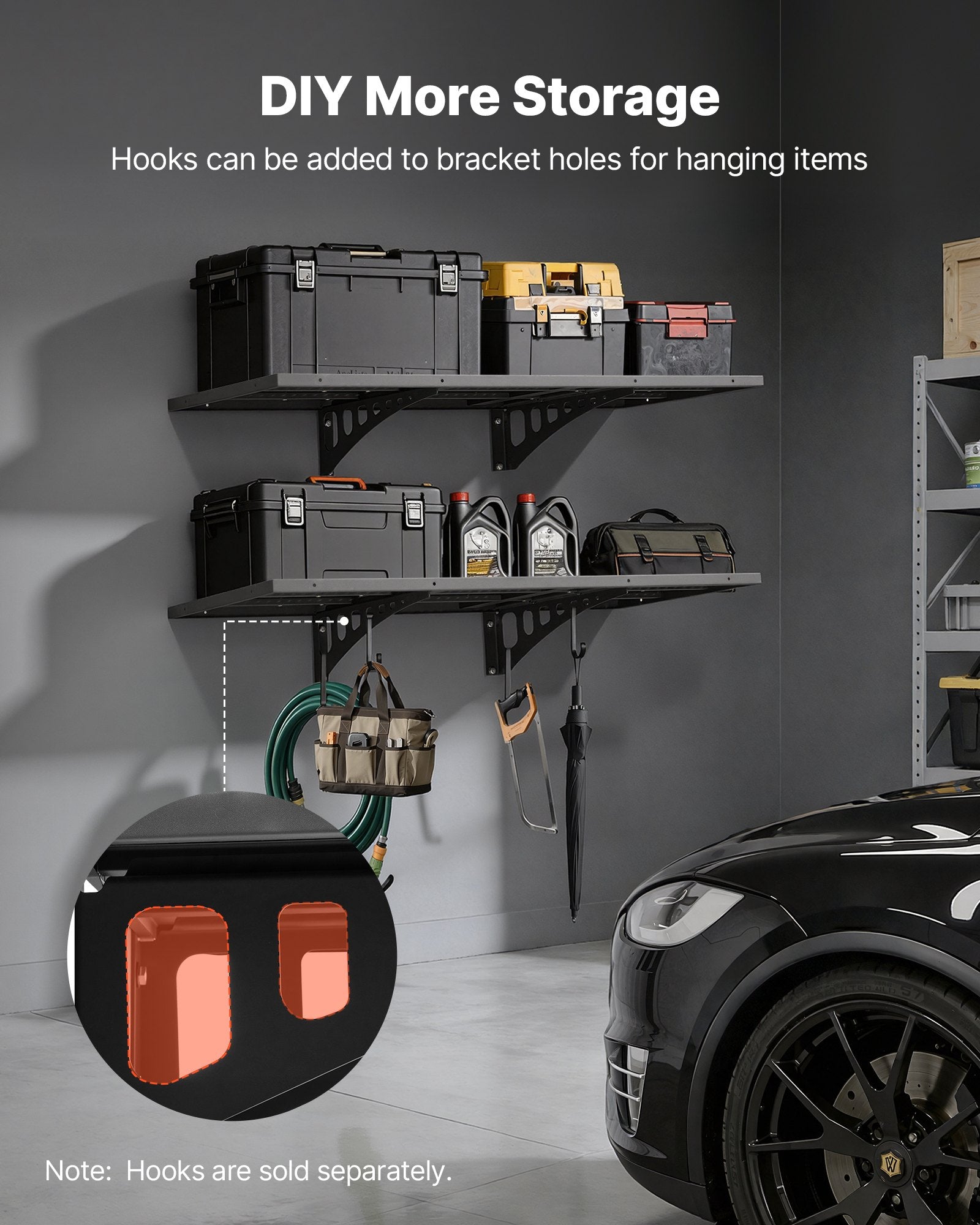 VEVOR 2-Tier Heavy Duty Wall Garage Shelving, 50 x 122 cm Steel Wall Mounted Shelving Unit, 500 x 1219 mm Per Shelf Floating Storage Metal Rack for Garage with 254 kg Total Weight Capacity, Black