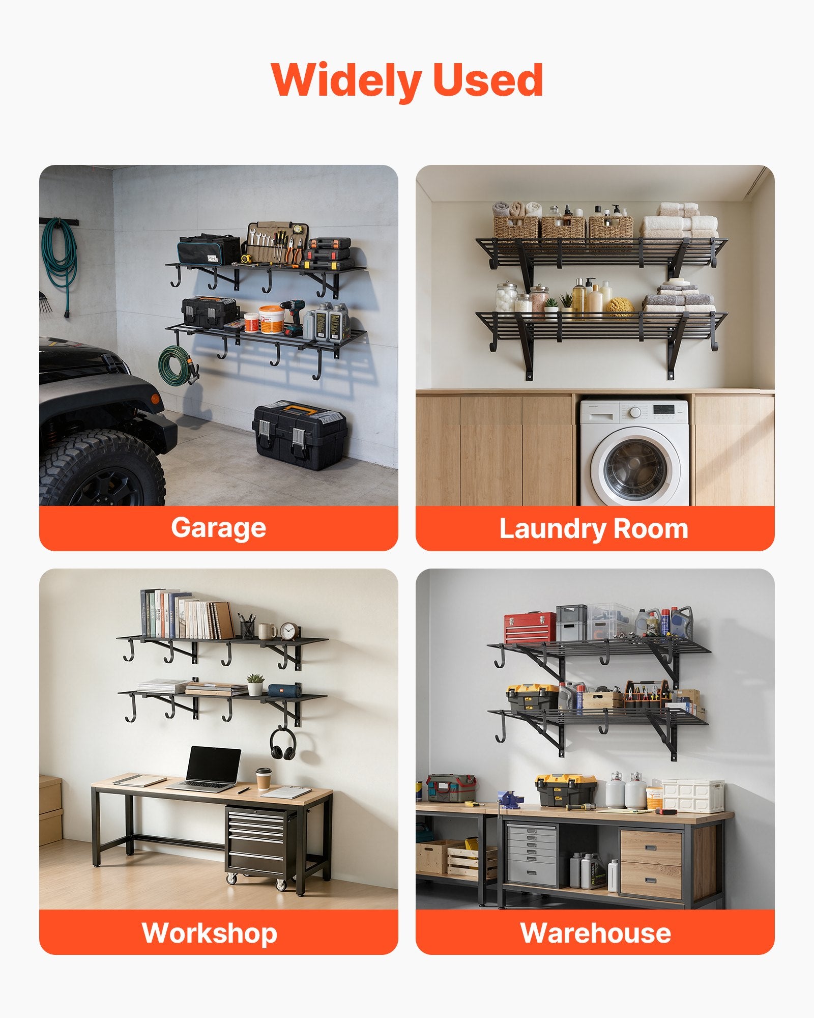 VEVOR 2-Tier Heavy Duty Wall Garage Shelving, 61 x 122 cm Steel Wall Mounted Shelving Unit with Hooks, 610 x 1219 mm Per Shelf Floating Storage Metal Rack with 235 kg Total Weight Capacity, Black