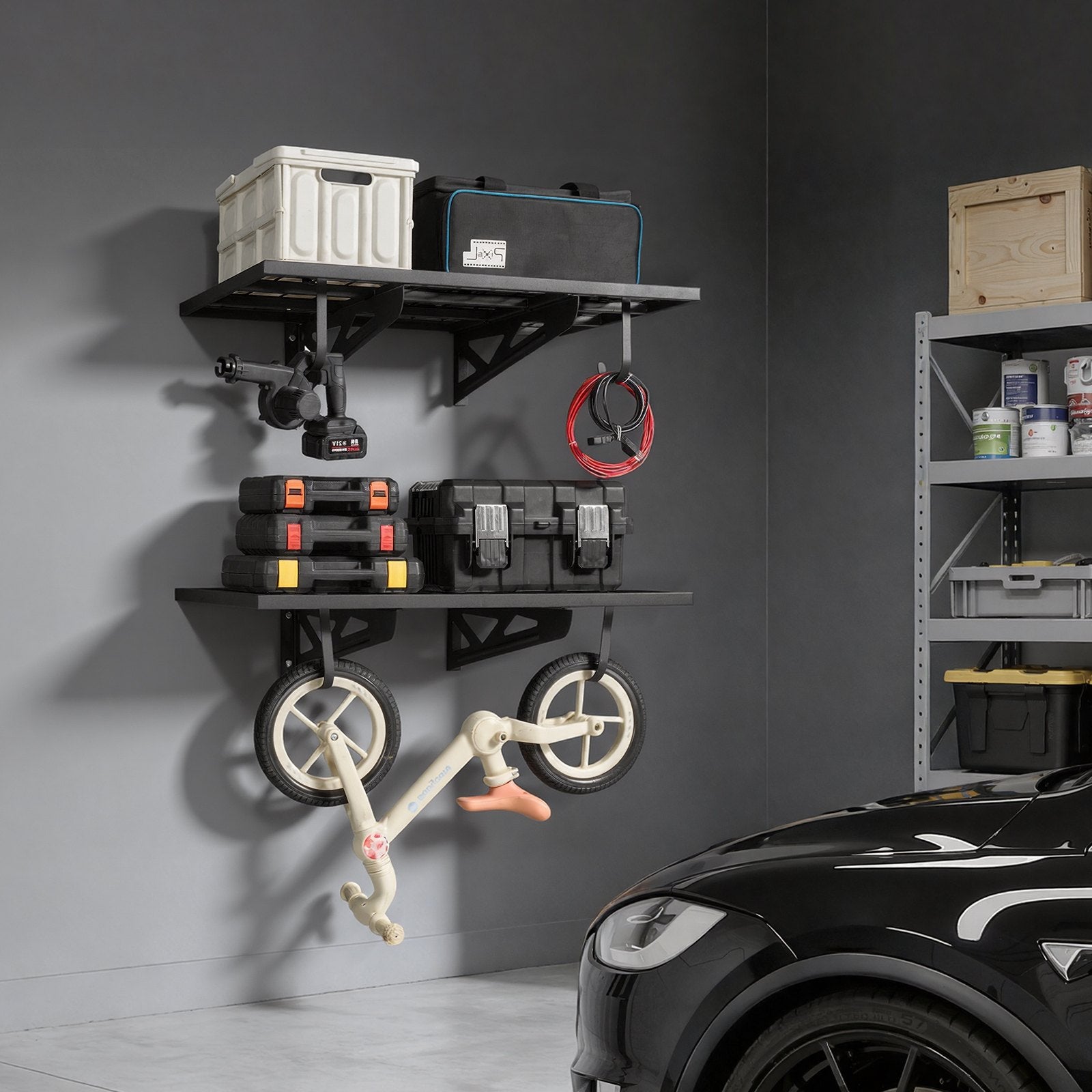 VEVOR 2-Tier Heavy Duty Wall Garage Shelving, 610 x 914 mm Steel Wall Mounted Shelving Unit with Hooks, 610 x 914 mm Per Shelf Floating Storage Metal Rack for Garage, 227 kg Total Weight Capacity