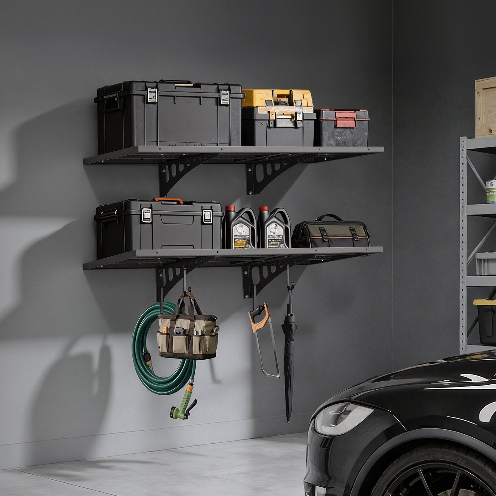 VEVOR 2-Tier Heavy Duty Wall Garage Shelving, 50 x 122 cm Steel Wall Mounted Shelving Unit, 500 x 1219 mm Per Shelf Floating Storage Metal Rack for Garage with 254 kg Total Weight Capacity, Black