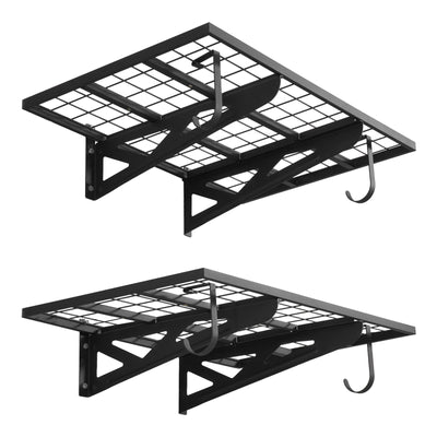 VEVOR 2-Tier Heavy Duty Wall Garage Shelving, 610 x 914 mm Steel Wall Mounted Shelving Unit with Hooks, 610 x 914 mm Per Shelf Floating Storage Metal Rack for Garage, 227 kg Total Weight Capacity