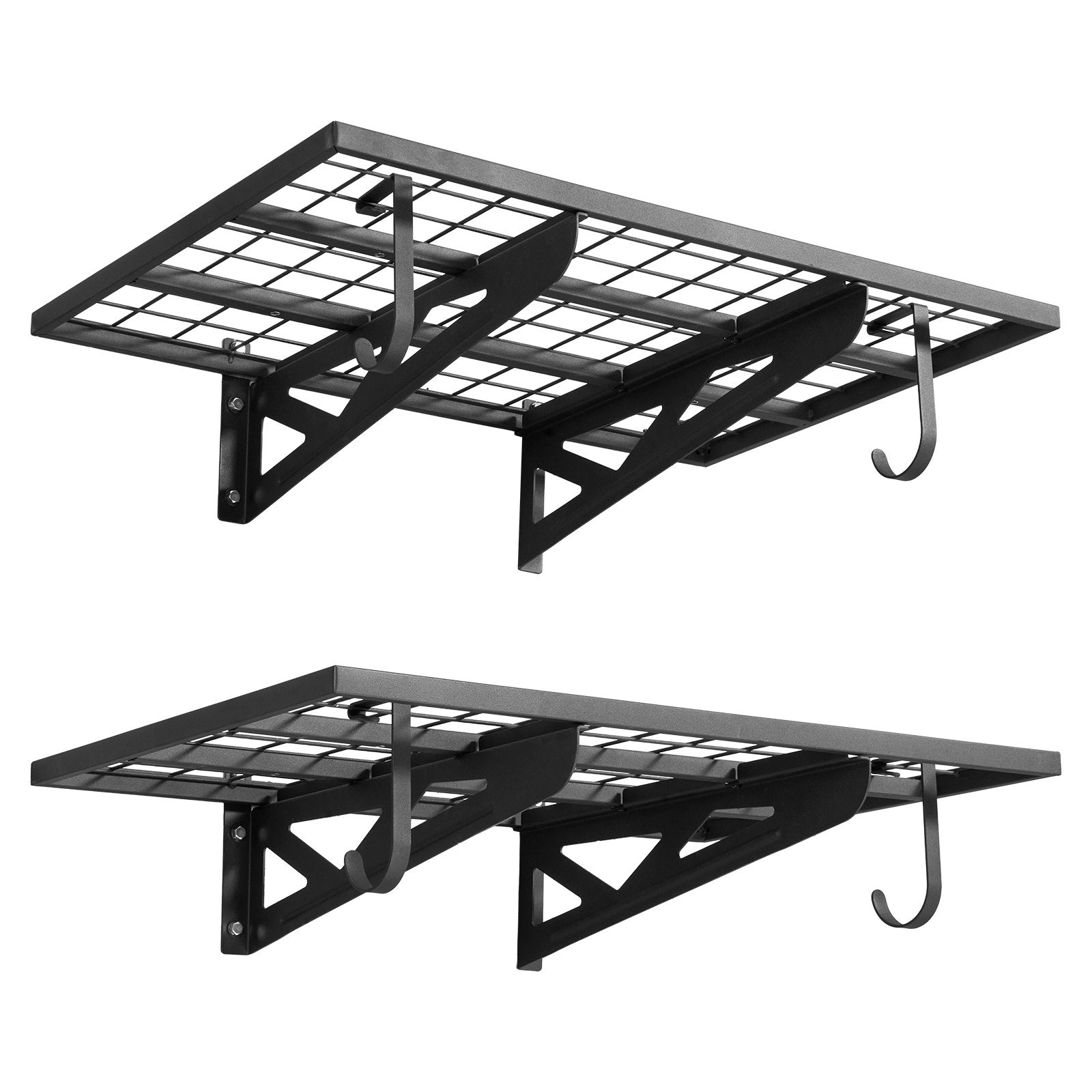 VEVOR 2-Tier Heavy Duty Wall Garage Shelving, 610 x 914 mm Steel Wall Mounted Shelving Unit with Hooks, 610 x 914 mm Per Shelf Floating Storage Metal Rack for Garage, 227 kg Total Weight Capacity
