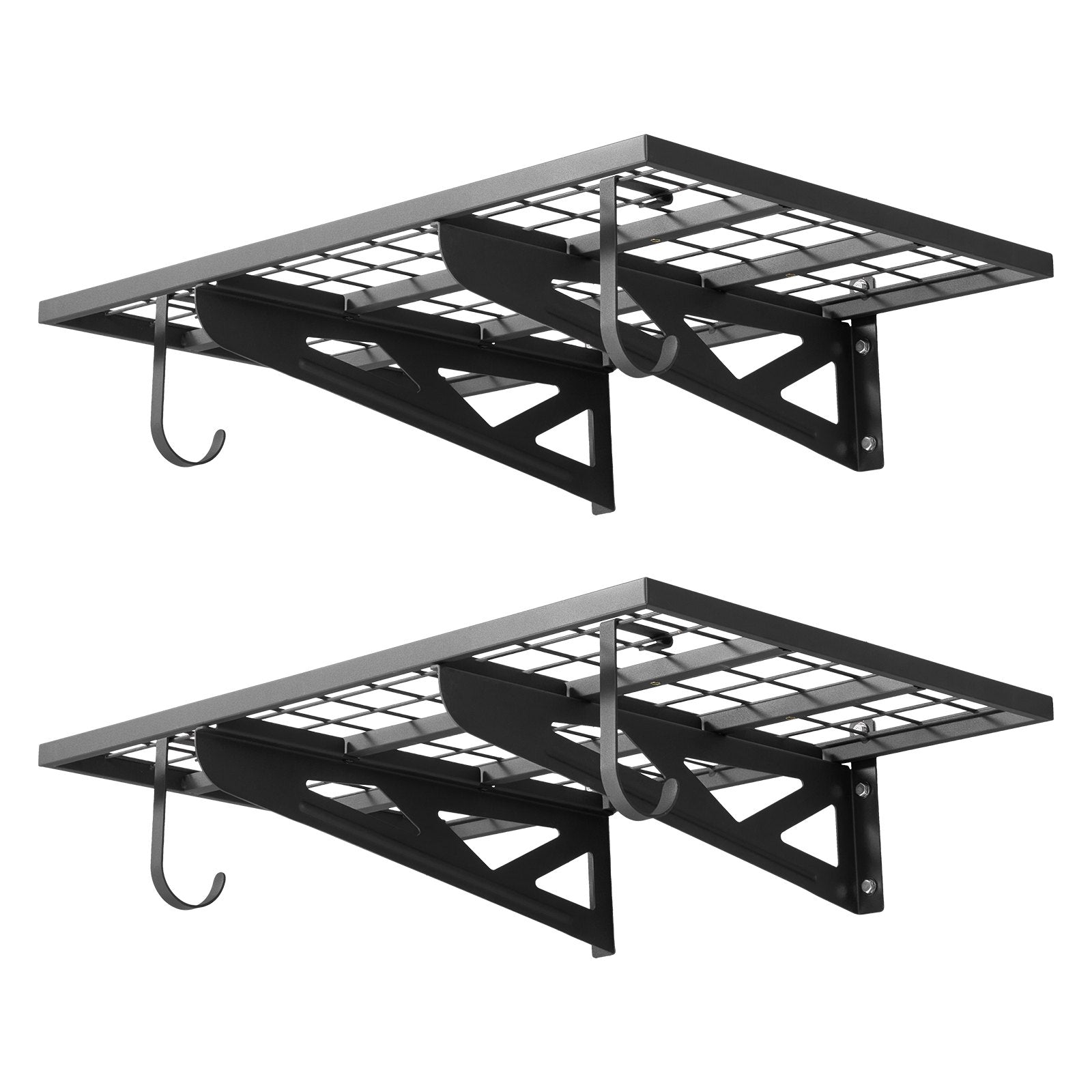 VEVOR 2-Tier Heavy Duty Wall Garage Shelving, 610 x 914 mm Steel Wall Mounted Shelving Unit with Hooks, 610 x 914 mm Per Shelf Floating Storage Metal Rack for Garage, 227 kg Total Weight Capacity
