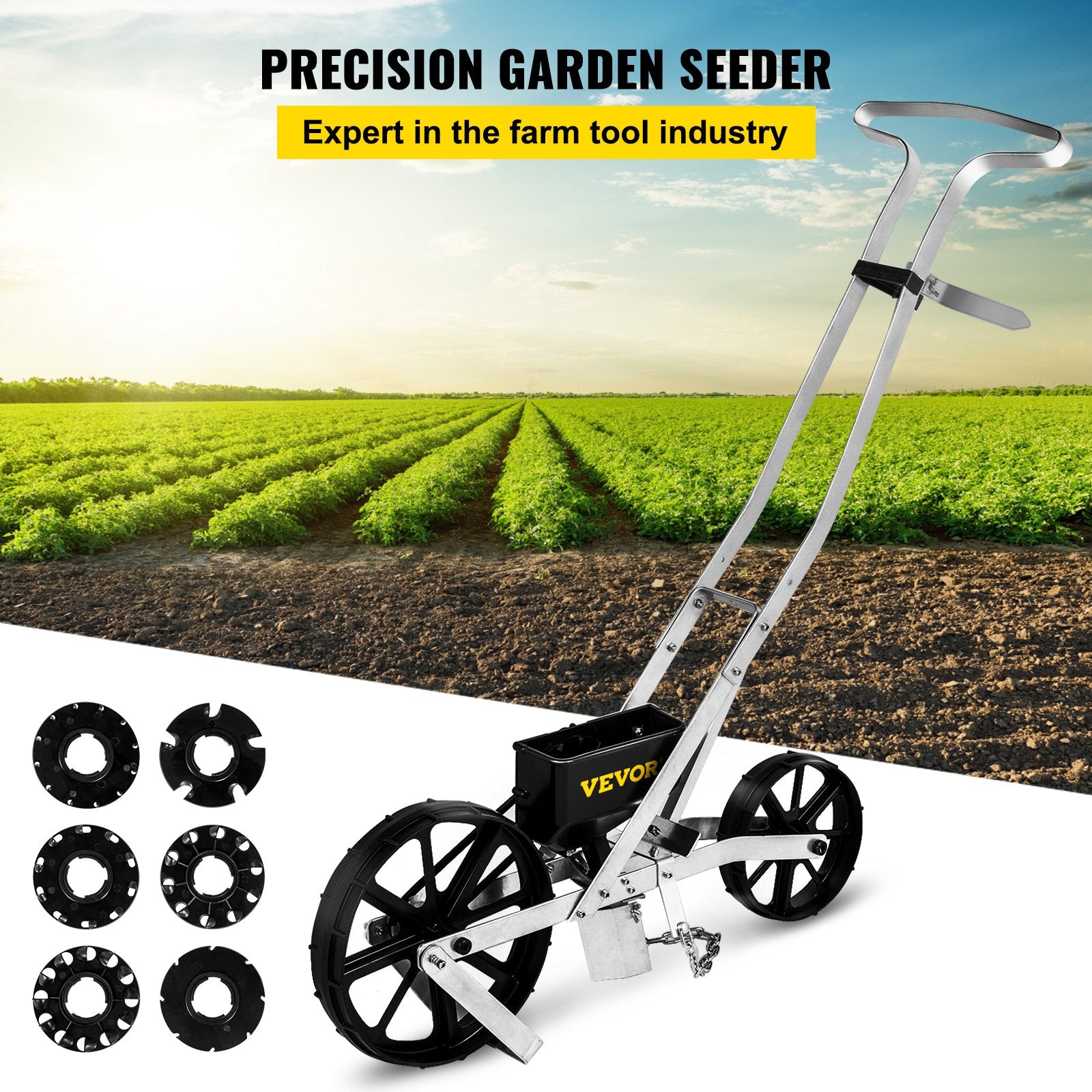 VEVOR Garden Seeder, Metal Precision Garden Push Seeder With 6 Seed Plates, Walk-Behind Row Crop Planter, Manual Garden Lawn Spreader for Sowing Seeds, Backyard Agriculture for Various Seeds