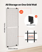 VEVOR 3 Packs Grid Wall Panels, 610 x 1828 mm Wire Grid Panels Display Rack, Wall-Mounted Art Display Shelf, Black Carbon Steel Wall Hanging Gridwall for Craft Show, Decoration, Storage, Notice Board