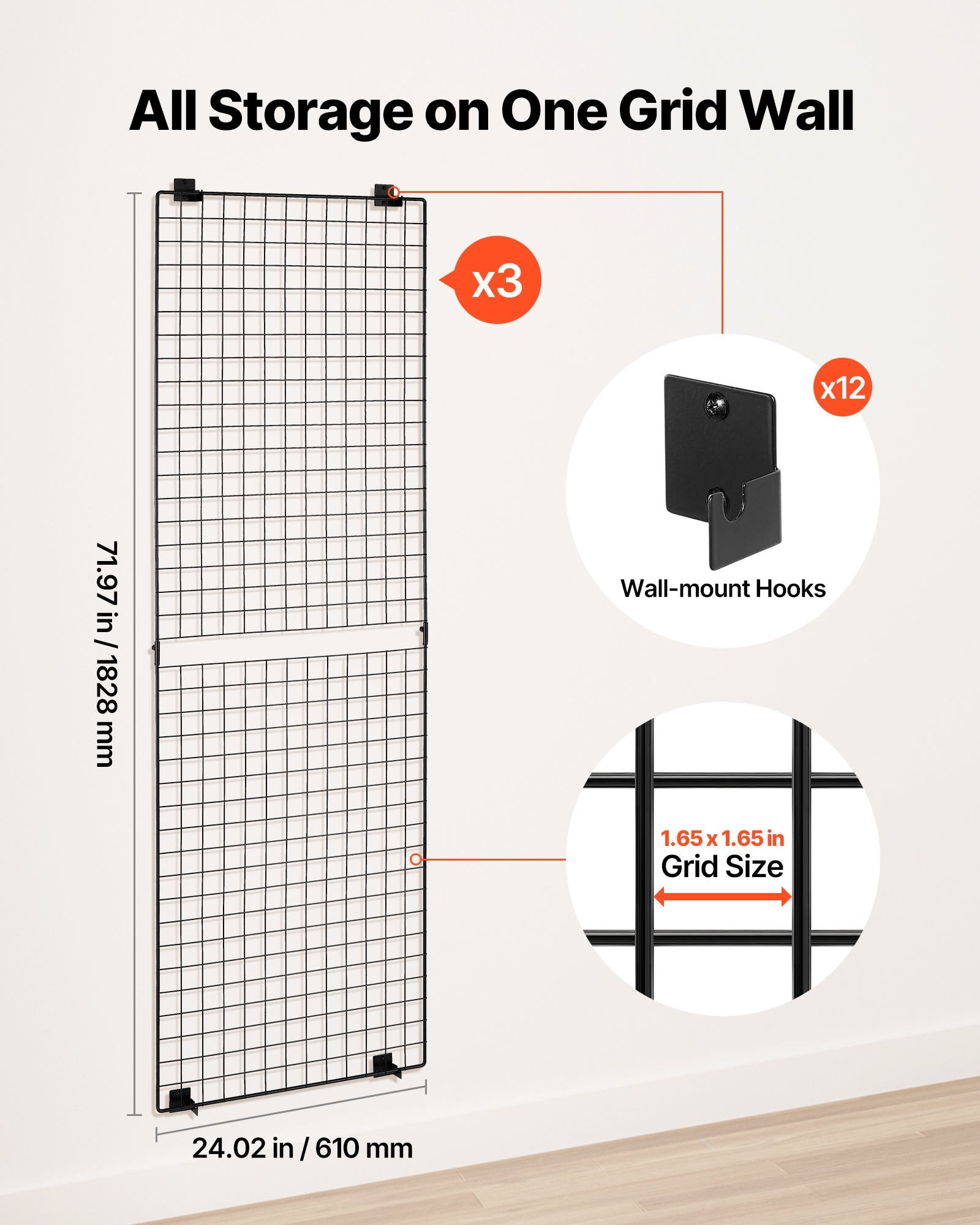 VEVOR 3 Packs Grid Wall Panels, 610 x 1828 mm Wire Grid Panels Display Rack, Wall-Mounted Art Display Shelf, Black Carbon Steel Wall Hanging Gridwall for Craft Show, Decoration, Storage, Notice Board