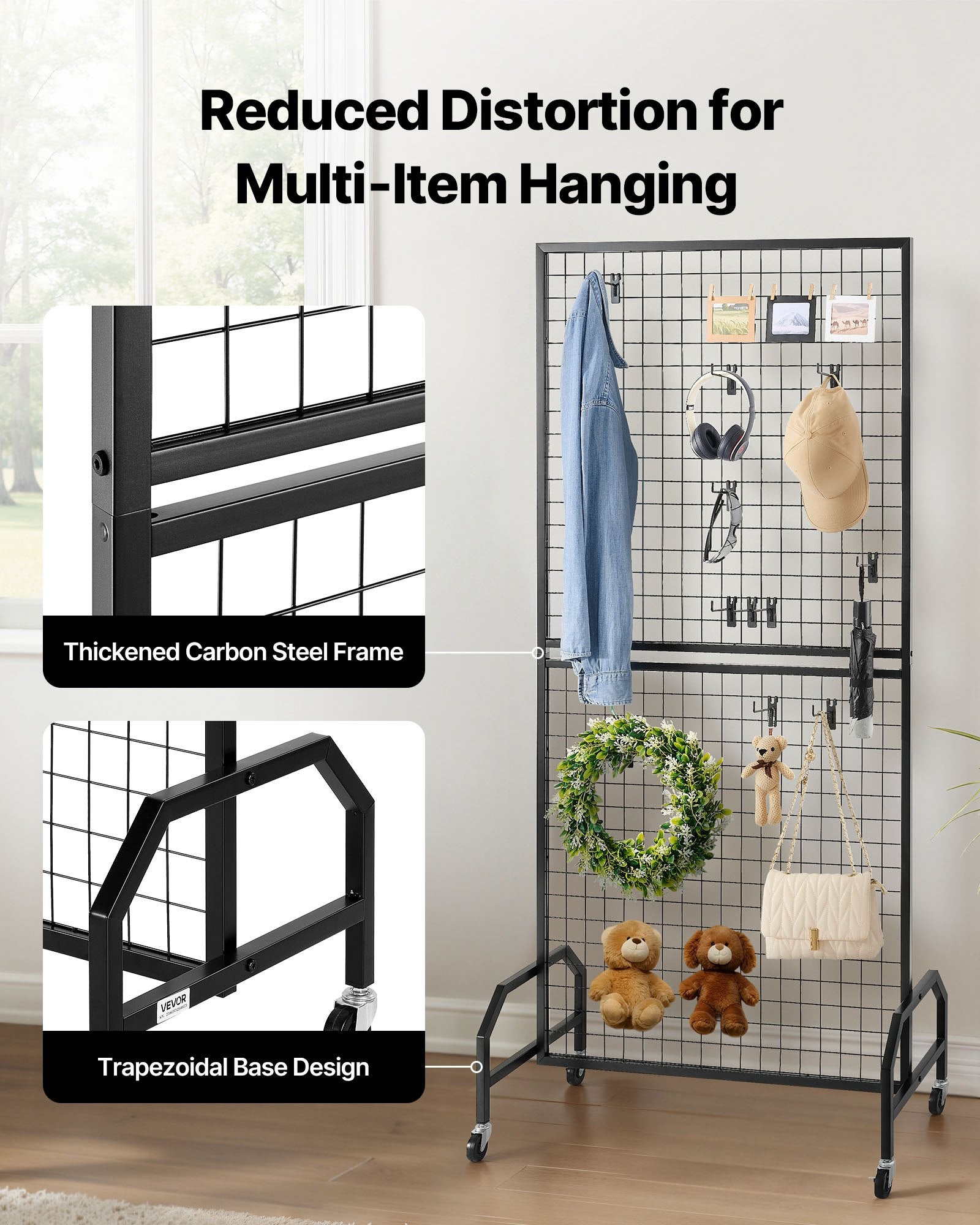 VEVOR 2 Packs Grid Wall Panels, 898 x 1798 mm Wire Grid Panels Display Rack, Movable Art Display Shelf with Wheels & 10 Hooks, Black Carbon Steel Gridwall for Craft Show, Decor, Storage, Notice Board