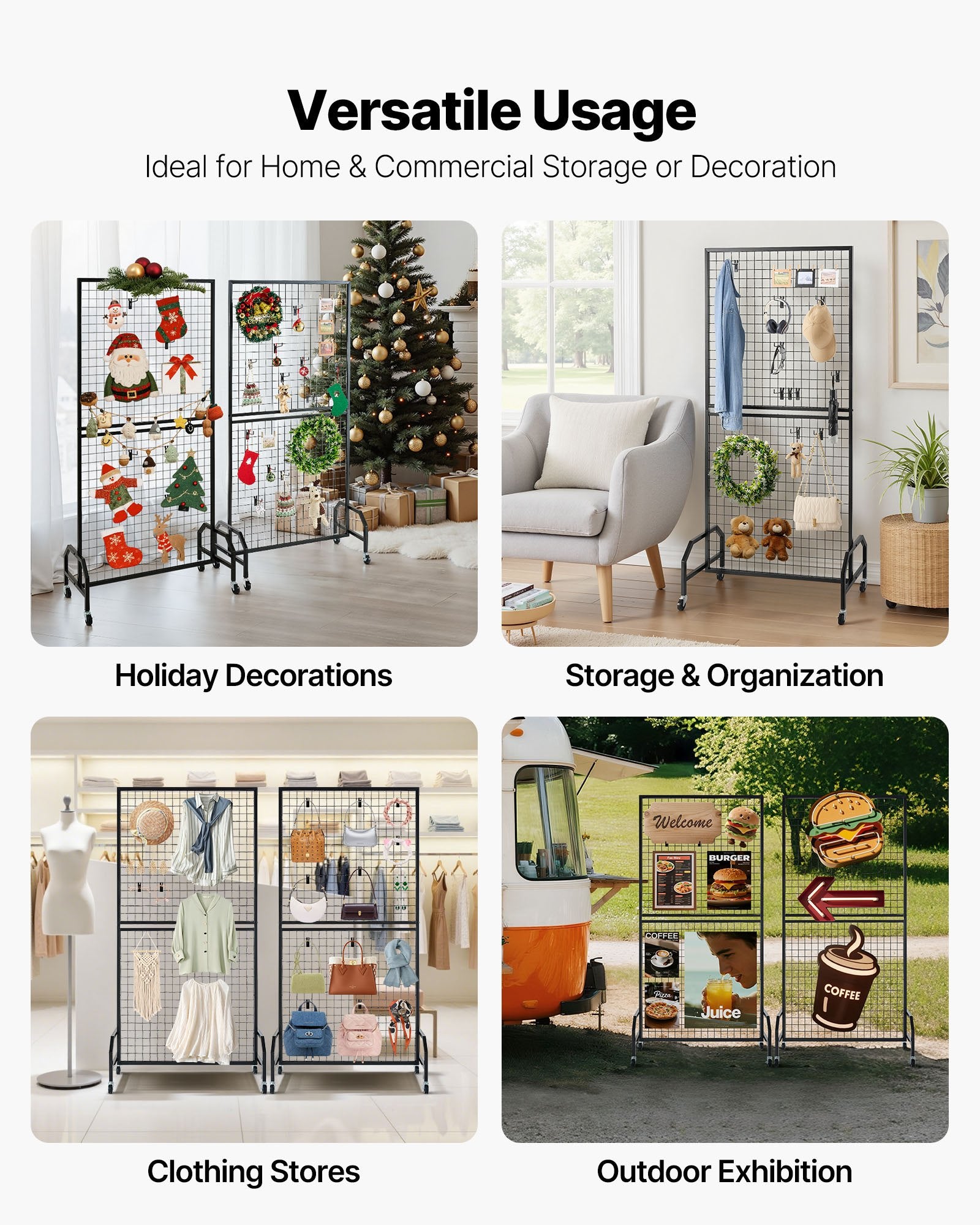 VEVOR 2 Packs Grid Wall Panels, 898 x 1798 mm Wire Grid Panels Display Rack, Movable Art Display Shelf with Wheels & 10 Hooks, Black Carbon Steel Gridwall for Craft Show, Decor, Storage, Notice Board