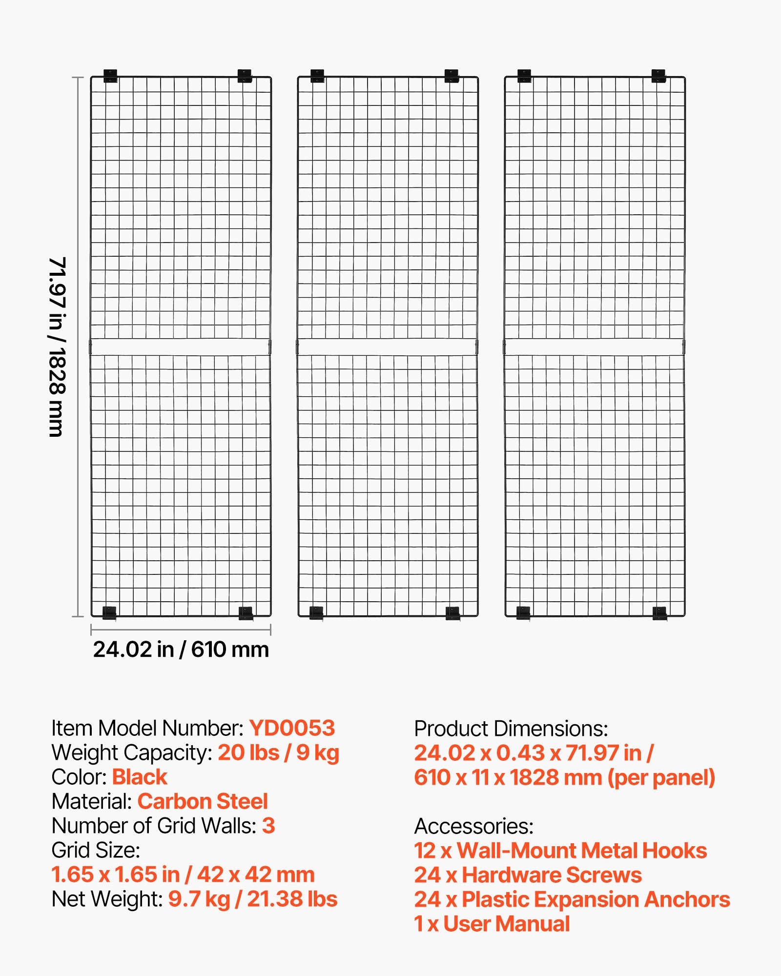 VEVOR 3 Packs Grid Wall Panels, 610 x 1828 mm Wire Grid Panels Display Rack, Wall-Mounted Art Display Shelf, Black Carbon Steel Wall Hanging Gridwall for Craft Show, Decoration, Storage, Notice Board
