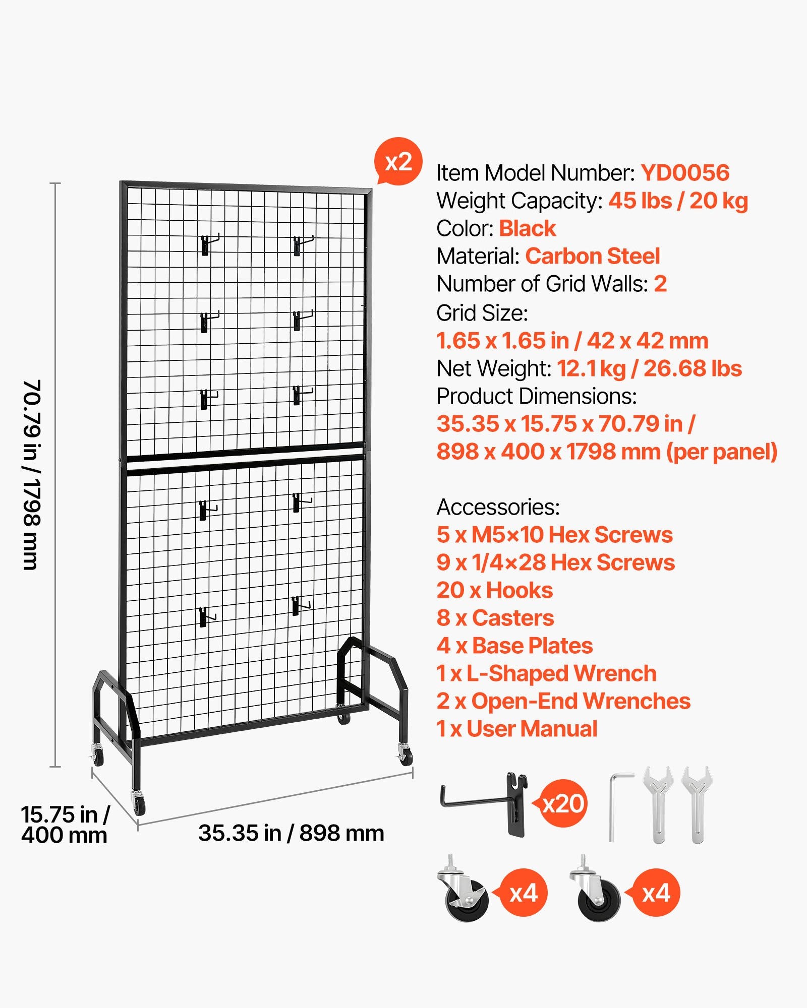 VEVOR 2 Packs Grid Wall Panels, 898 x 1798 mm Wire Grid Panels Display Rack, Movable Art Display Shelf with Wheels & 10 Hooks, Black Carbon Steel Gridwall for Craft Show, Decor, Storage, Notice Board