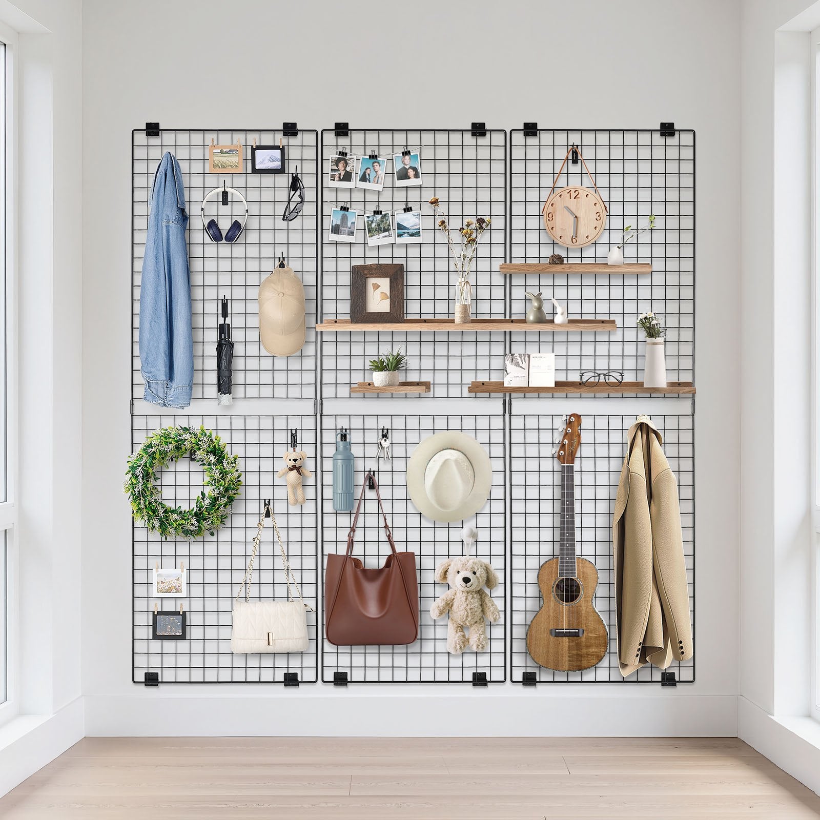VEVOR 3 Packs Grid Wall Panels, 610 x 1828 mm Wire Grid Panels Display Rack, Wall-Mounted Art Display Shelf, Black Carbon Steel Wall Hanging Gridwall for Craft Show, Decoration, Storage, Notice Board