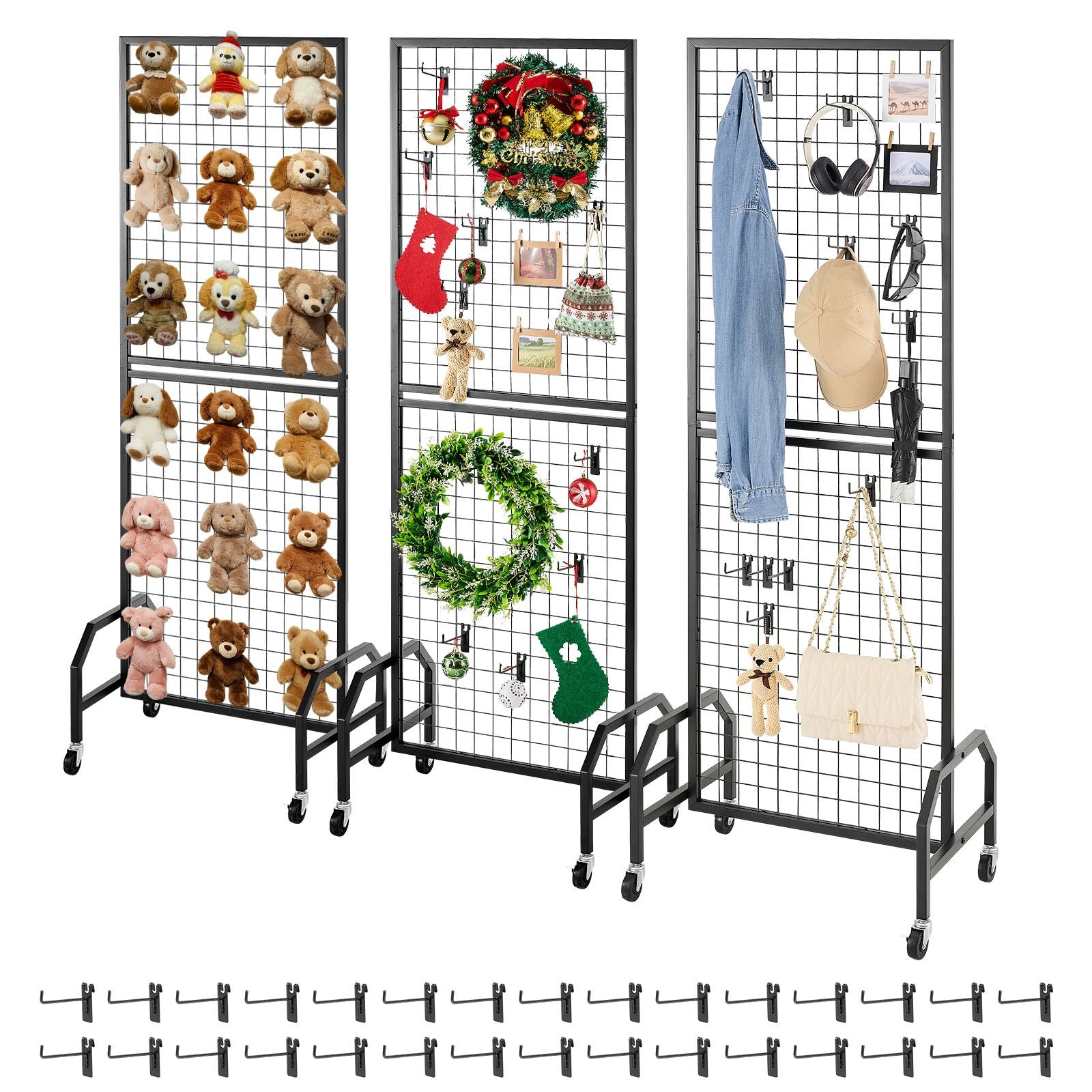 VEVOR 3 Packs Grid Wall Panels, 600 x 1640mm Wire Grid Panels Display Rack, Movable Art Display Shelf with Wheels and 30 Hooks, Black Carbon Steel Gridwall for Craft Show, Decor, Storage, Notice Board