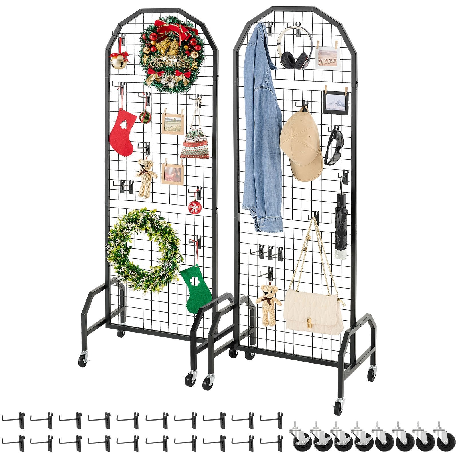 VEVOR 2 Packs Grid Wall Panels, 600 x 1640mm Wire Grid Panels Display Rack, Movable Art Display Shelf with Wheels and 20 Hooks, Black Carbon Steel Gridwall for Craft Show, Decor, Storage, Notice Board