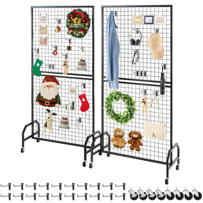 VEVOR 2 Packs Grid Wall Panels, 898 x 1798 mm Wire Grid Panels Display Rack, Movable Art Display Shelf with Wheels & 10 Hooks, Black Carbon Steel Gridwall for Craft Show, Decor, Storage, Notice Board