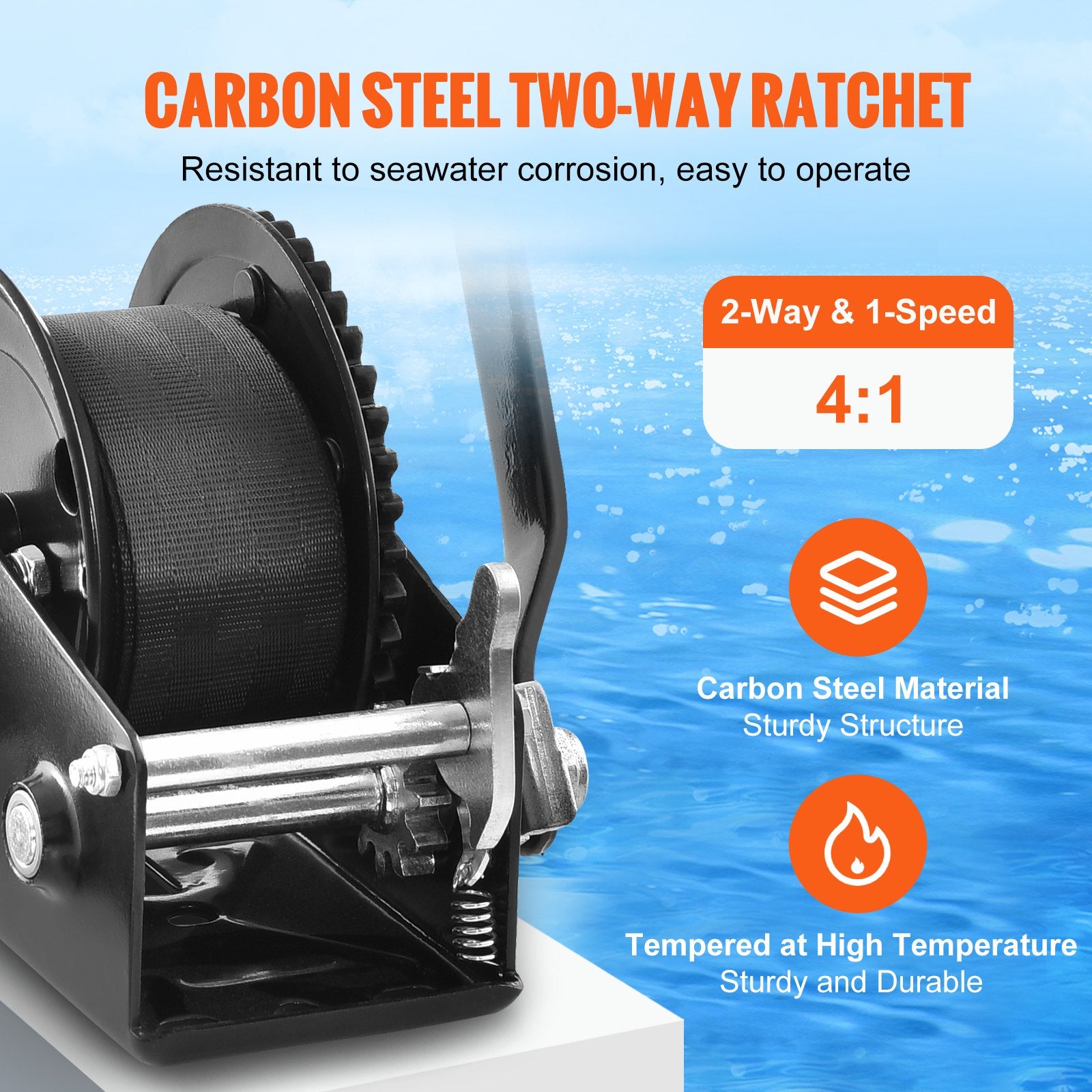 VEVOR Hand Winch, 544.3 kg Pulling Capacity, Boat Trailer Winch Heavy Duty Rope Crank with 701 cm Polyester Strap and Two-Way Ratchet, Manual Operated Hand Crank Winch for Trailer, Boat or ATV Towing