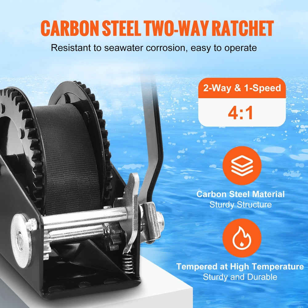 VEVOR Hand Winch, 2000 lbs Pulling Capacity, Boat Trailer Winch Heavy Duty Rope Crank with 23 ft Polyester Strap and Two-Way Ratchet, Manual Operated Hand Crank Winch for Trailer, Boat or ATV Towing