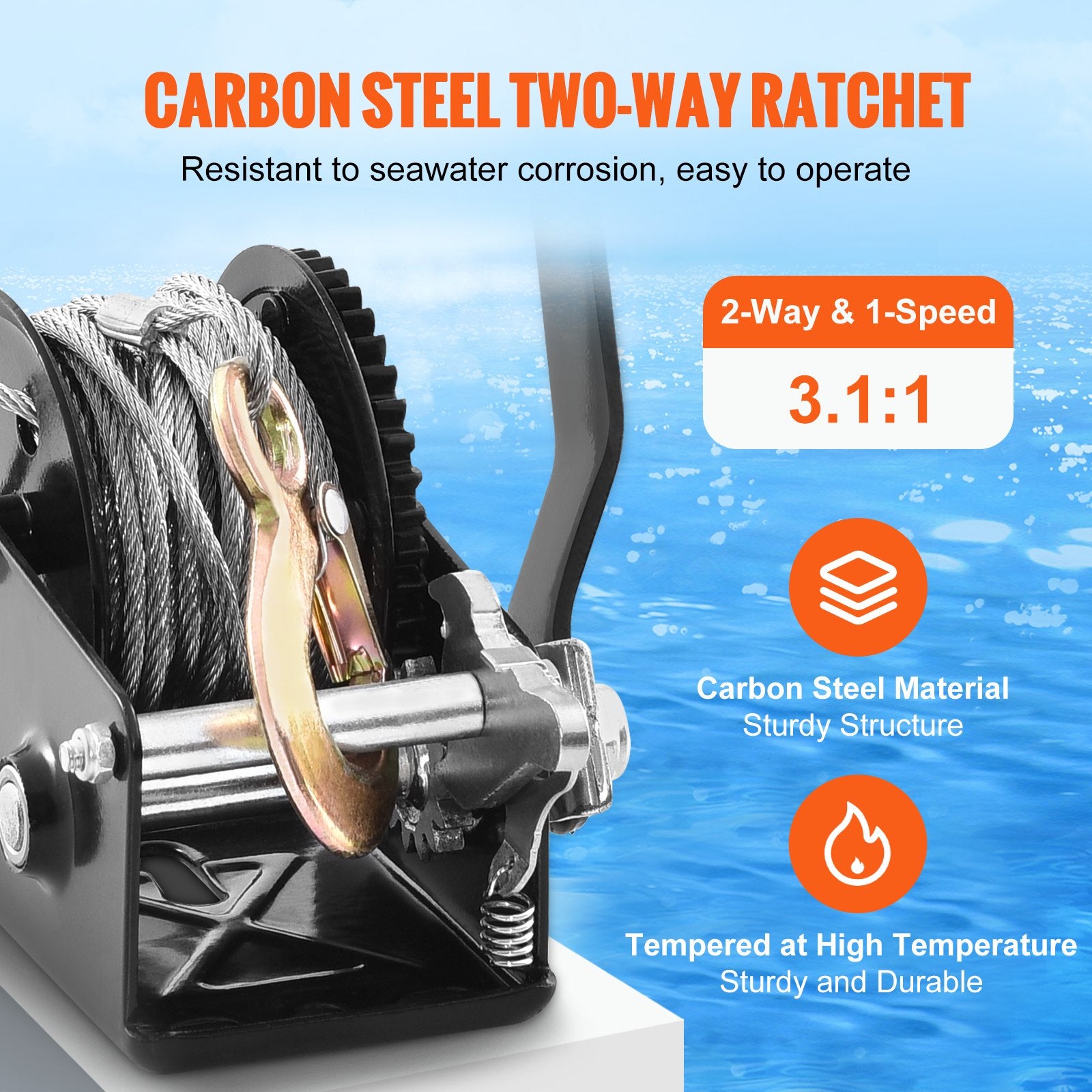 VEVOR Hand Winch, 362.9 kg Pulling Capacity, Boat Trailer Winch Heavy Duty Rope Crank with 1005.8 cm Steel Wire Cable and Two-Way Ratchet, Manual Operated Hand Crank Winch for Trailer, Boat or ATV Towing