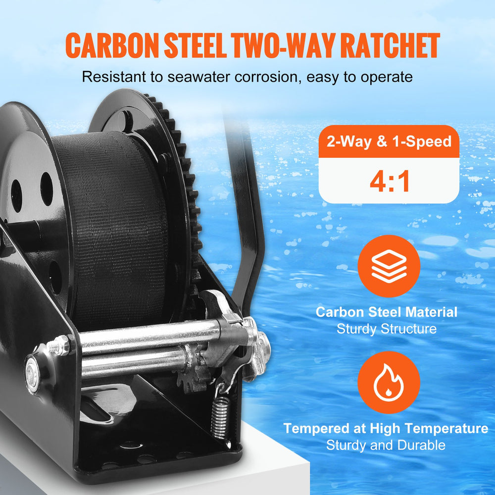 VEVOR Hand Winch, 725.7 kg Pulling Capacity, Boat Trailer Winch Heavy Duty Rope Crank with 1005.8 cmPolyester Strap and Two-Way Ratchet, Manual Operated Hand Crank Winch for Trailer, Boat or ATV Towing