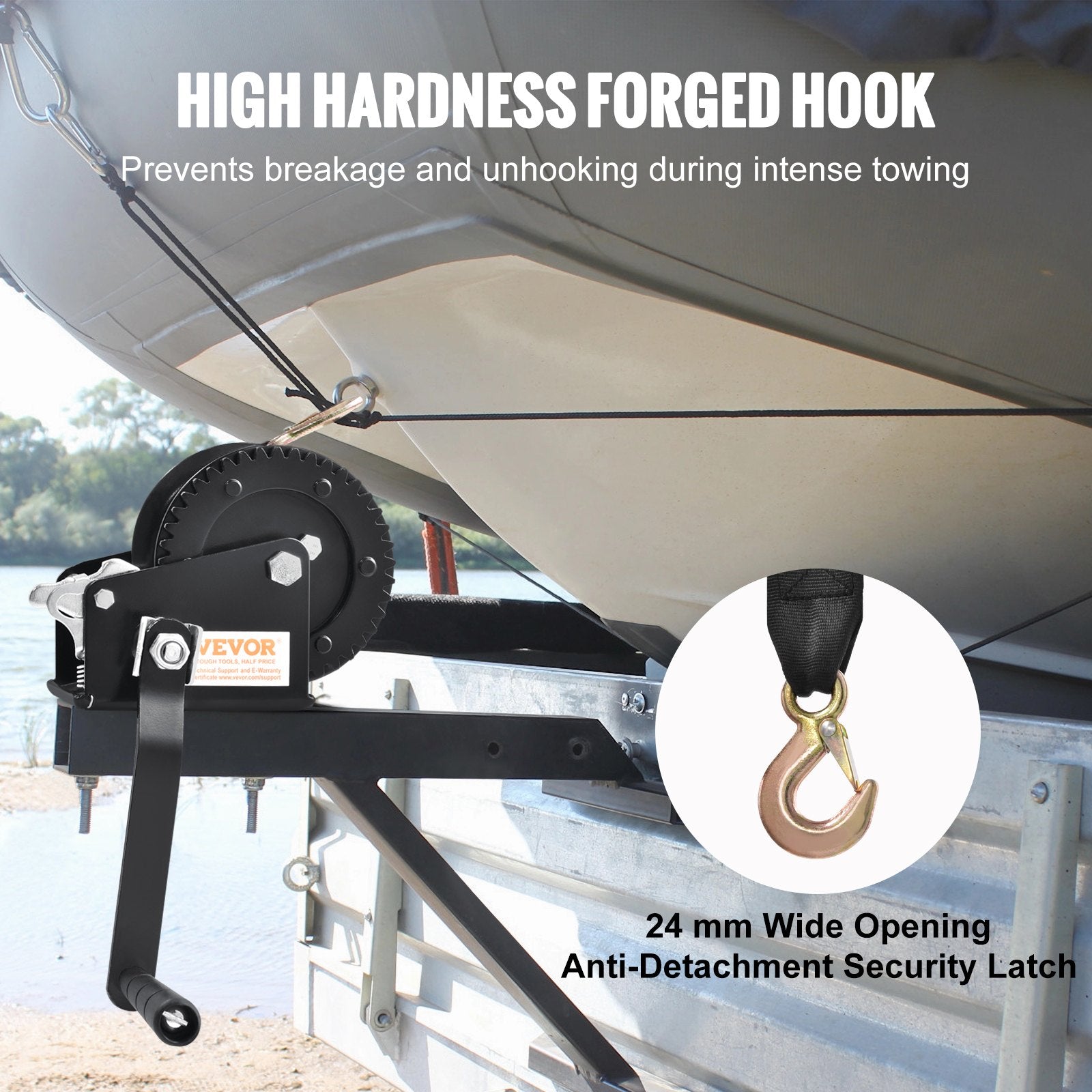 VEVOR Hand Winch, 544.3 kg Pulling Capacity, Boat Trailer Winch Heavy Duty Rope Crank with 701 cm Polyester Strap and Two-Way Ratchet, Manual Operated Hand Crank Winch for Trailer, Boat or ATV Towing