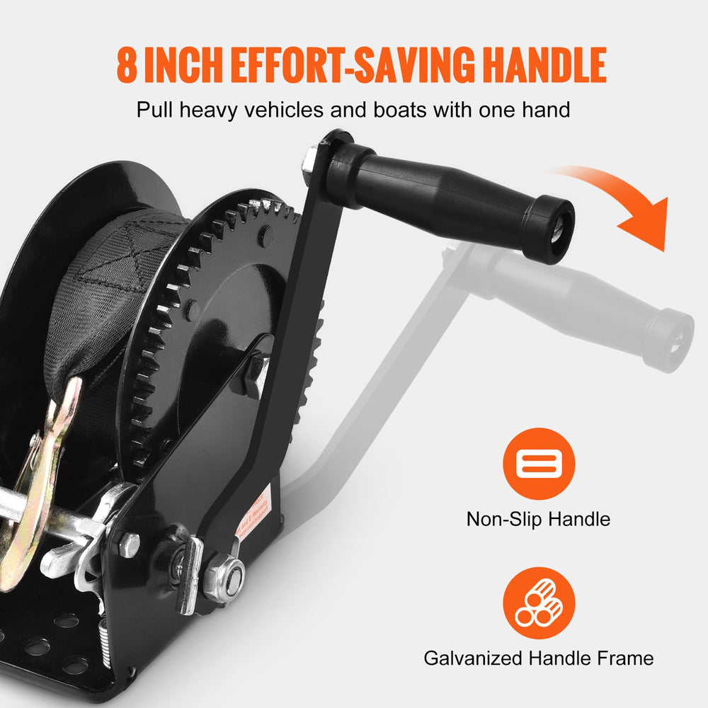 VEVOR Hand Winch, 725.7 kg Pulling Capacity, Boat Trailer Winch Heavy Duty Rope Crank with 1005.8 cmPolyester Strap and Two-Way Ratchet, Manual Operated Hand Crank Winch for Trailer, Boat or ATV Towing