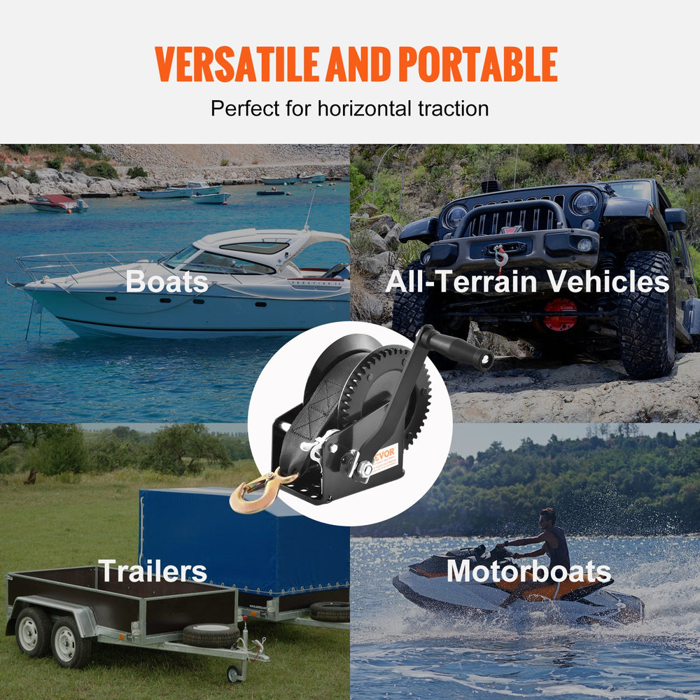 VEVOR Hand Winch, 725.7 kg Pulling Capacity, Boat Trailer Winch Heavy Duty Rope Crank with 1005.8 cmPolyester Strap and Two-Way Ratchet, Manual Operated Hand Crank Winch for Trailer, Boat or ATV Towing