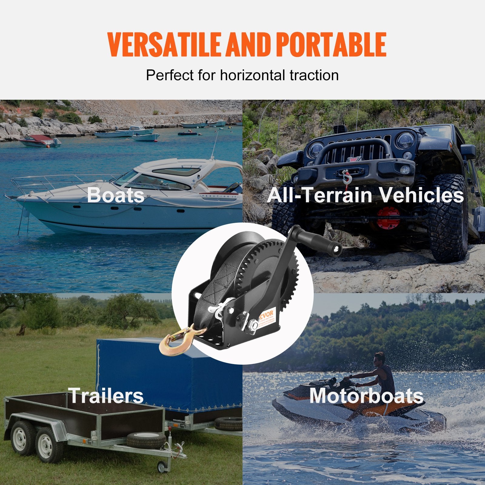 VEVOR Hand Winch, 725.7 kg Pulling Capacity, Boat Trailer Winch Heavy Duty Rope Crank with 1005.8 cmPolyester Strap and Two-Way Ratchet, Manual Operated Hand Crank Winch for Trailer, Boat or ATV Towing