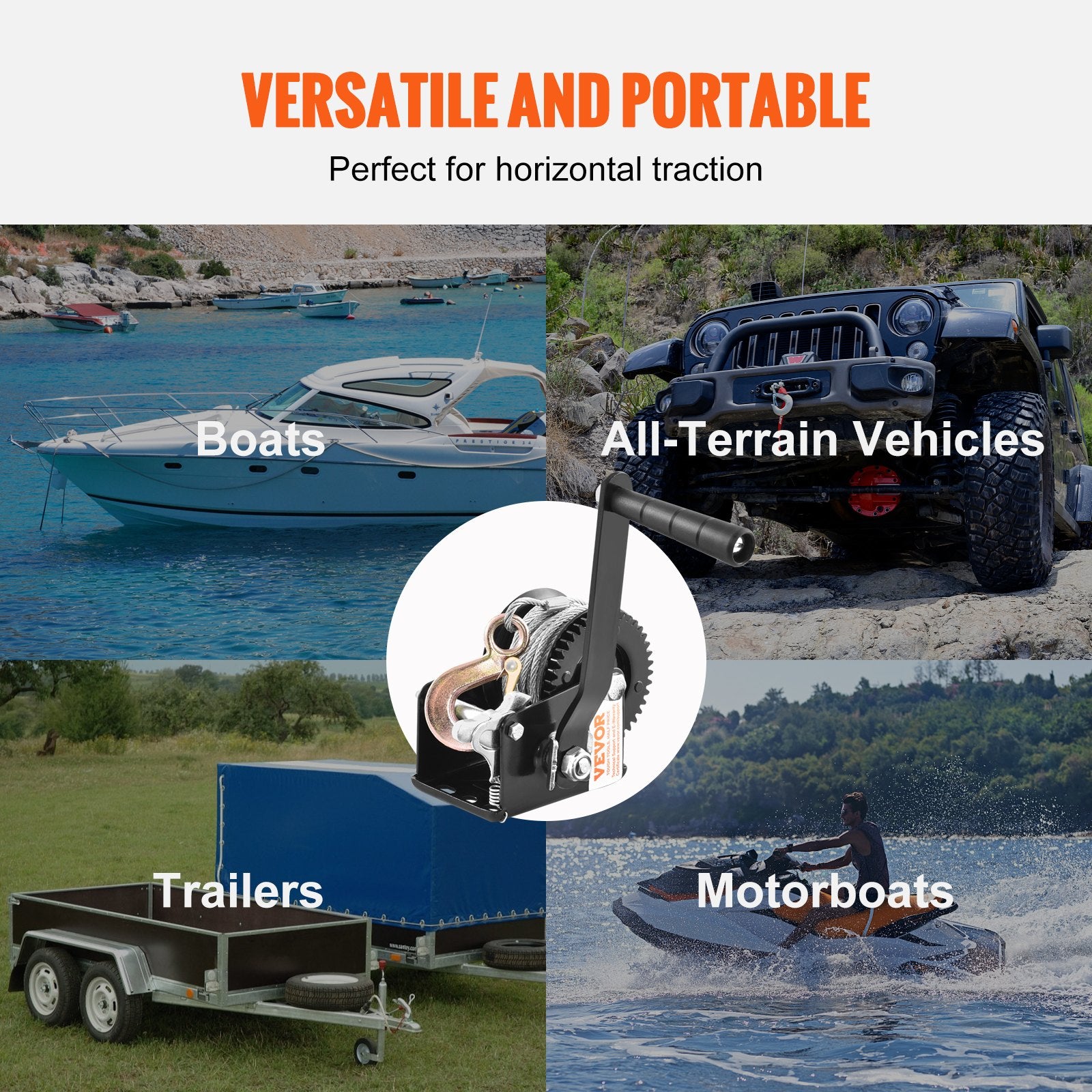 VEVOR Hand Winch, 362.9 kg Pulling Capacity, Boat Trailer Winch Heavy Duty Rope Crank with 1005.8 cm Steel Wire Cable and Two-Way Ratchet, Manual Operated Hand Crank Winch for Trailer, Boat or ATV Towing
