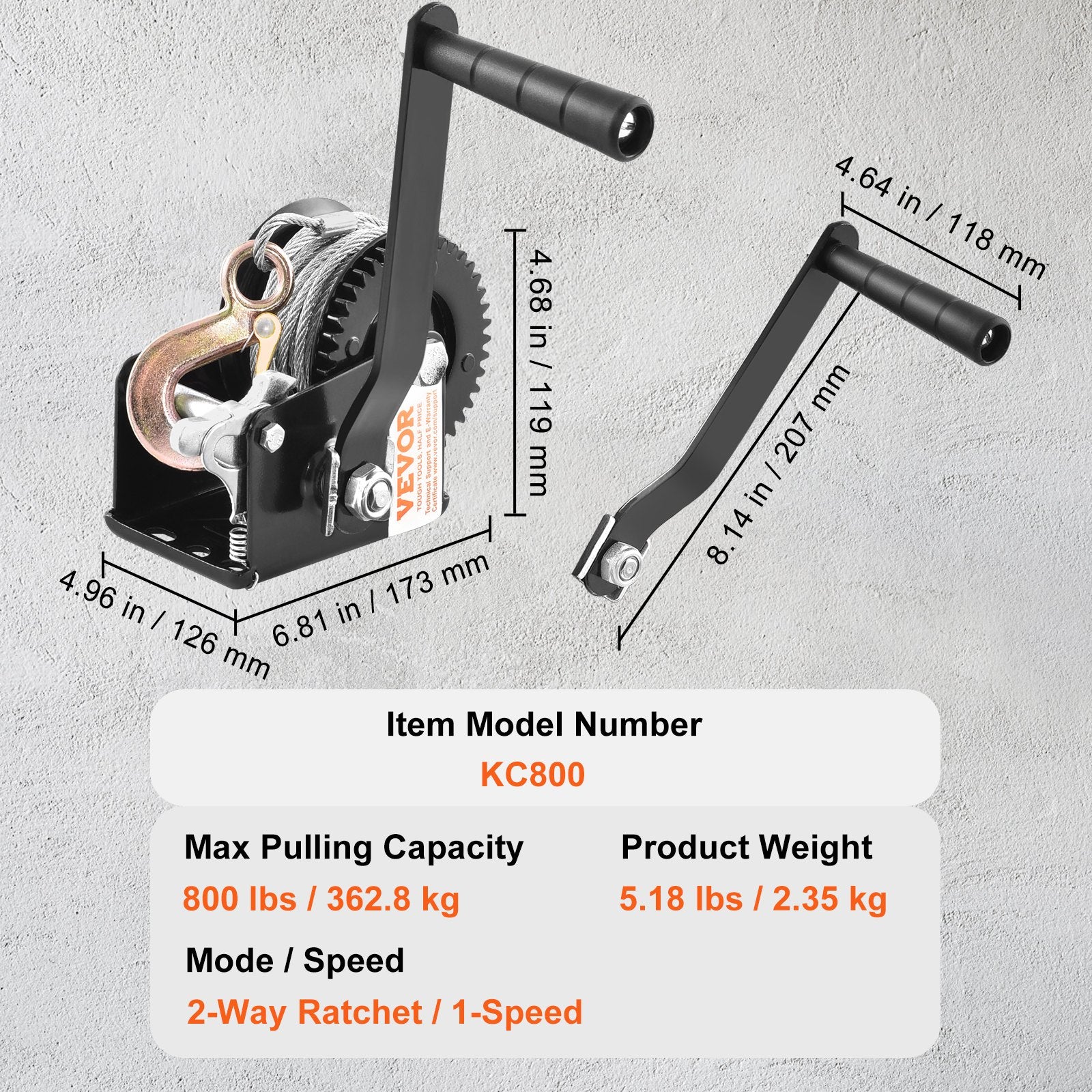 VEVOR Hand Winch, 362.9 kg Pulling Capacity, Boat Trailer Winch Heavy Duty Rope Crank with 1005.8 cm Steel Wire Cable and Two-Way Ratchet, Manual Operated Hand Crank Winch for Trailer, Boat or ATV Towing