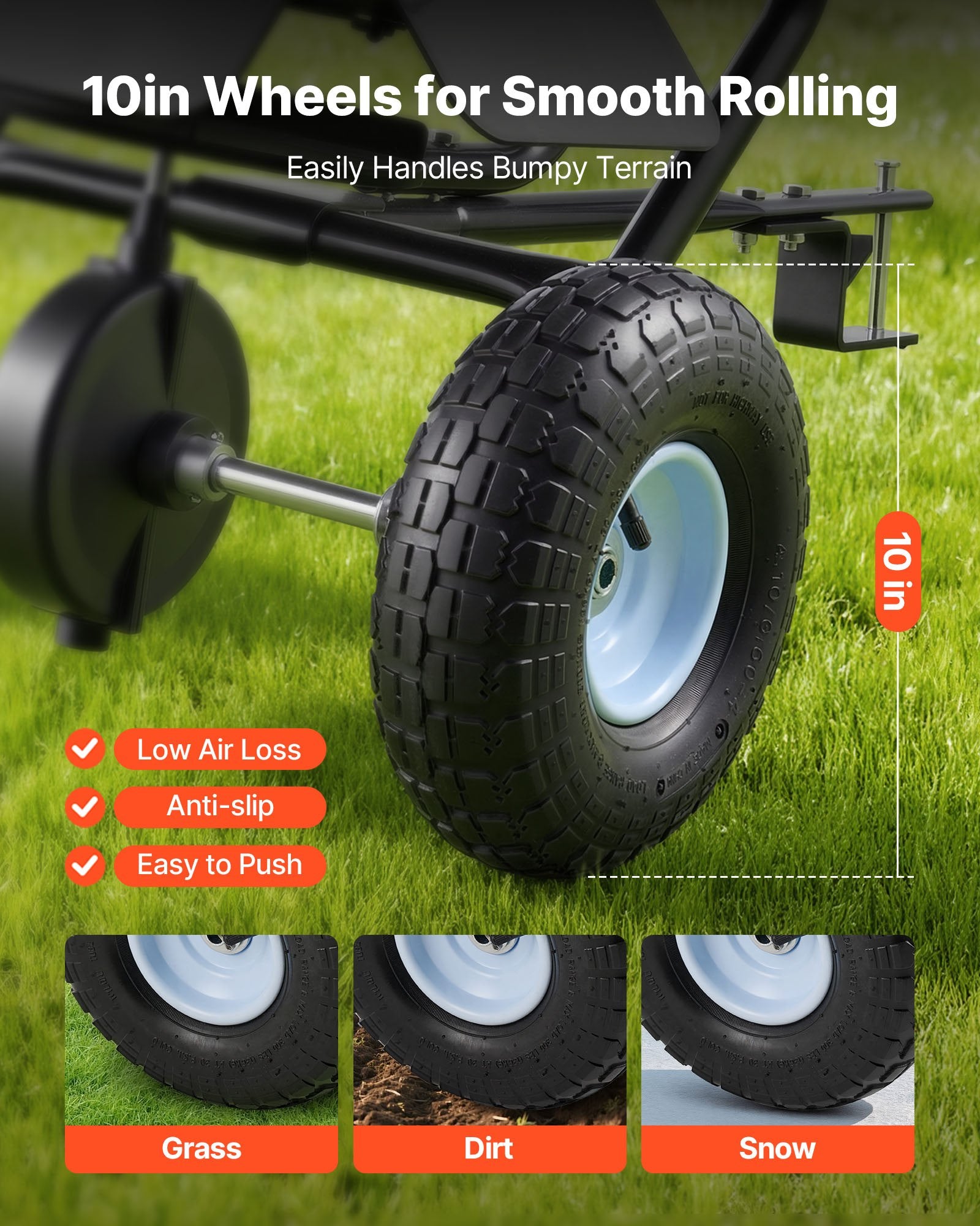 VEVOR Tow Behind Lawn Spreader, 3m Spreading Width, Garden & Lawn Spreader with Universal Hitch, 38.6kg Capacity & 10 in All-Terrain Tires, Seed Fertilizer Broadcast Spreader for ATVs UTVs