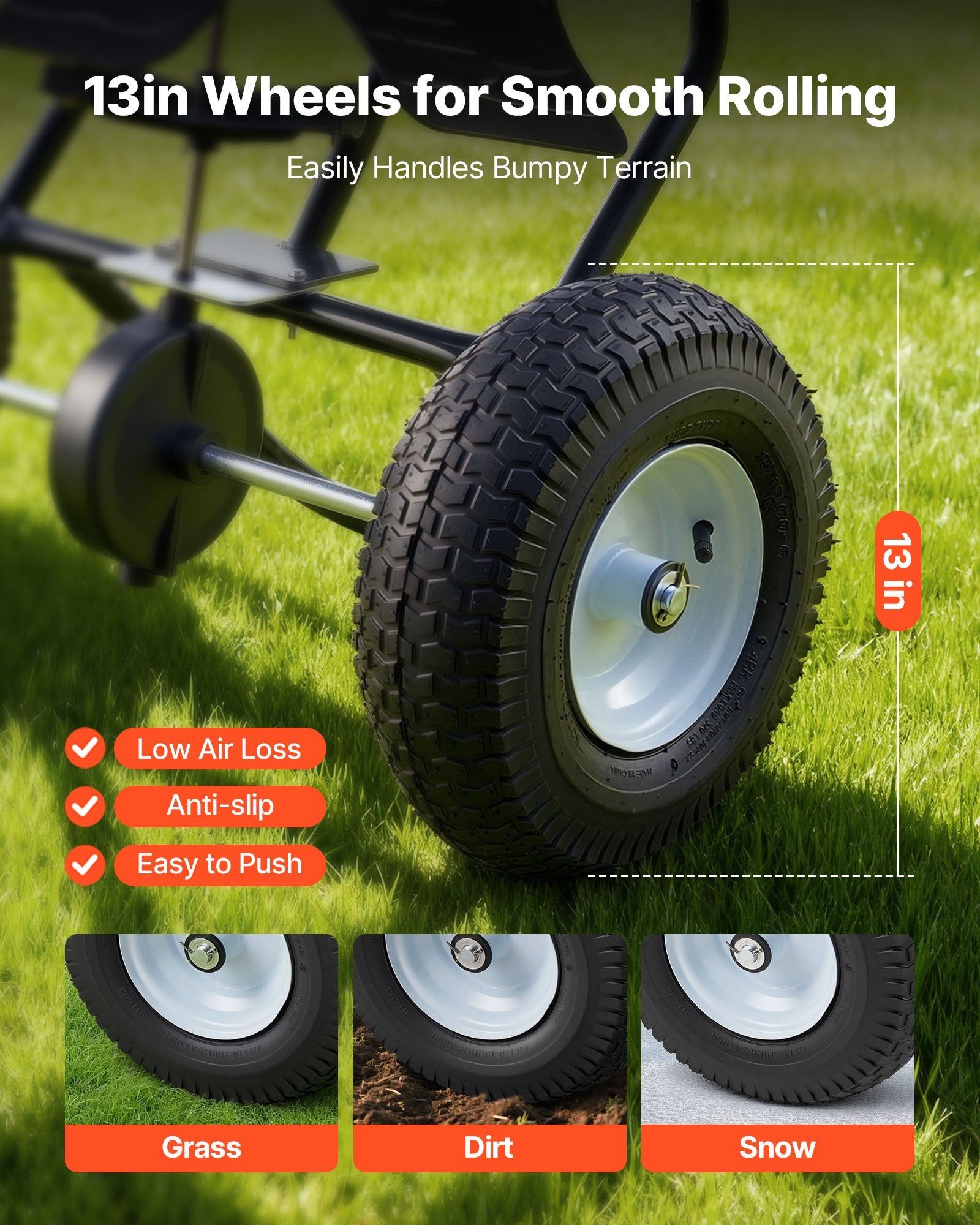 VEVOR Walk-Behind Spreader, 3.66m Spreading Width, Push Broadcast Spreader with 13" All-Terrain Tires, Adjustable Flow Control, 59kg Capacity Hopper, Lawn Spreaders for Fertilizer Seed Ice Melt