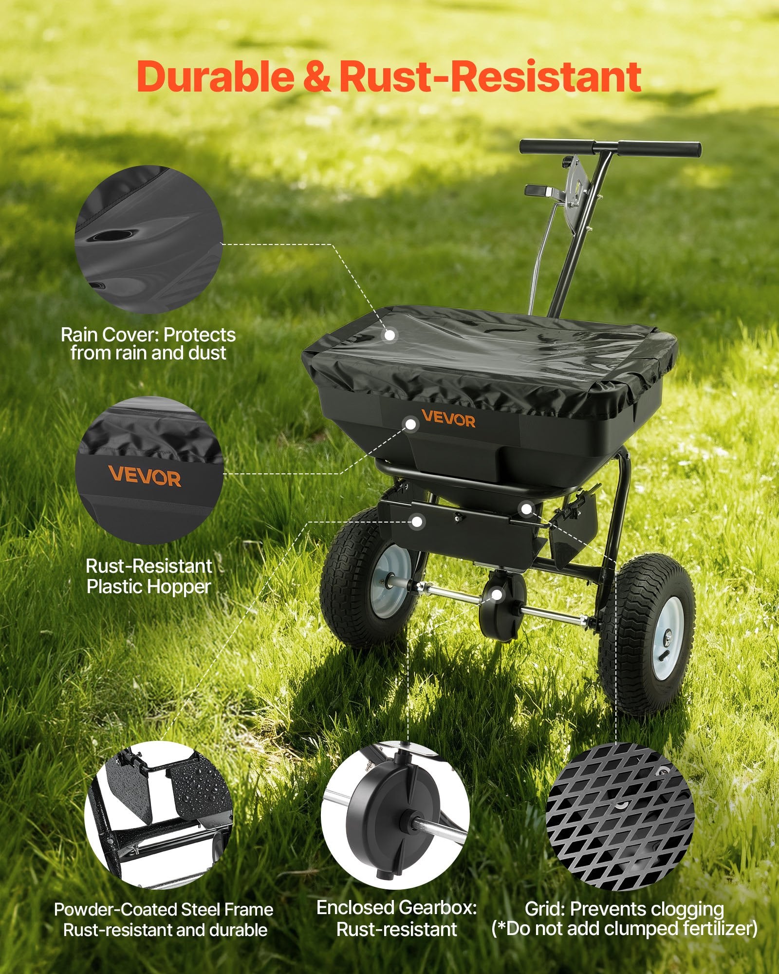 VEVOR Walk-Behind Spreader, 3.66m Spreading Width, Push Broadcast Spreader with 13" All-Terrain Tires, Adjustable Flow Control, 59kg Capacity Hopper, Lawn Spreaders for Fertilizer Seed Ice Melt