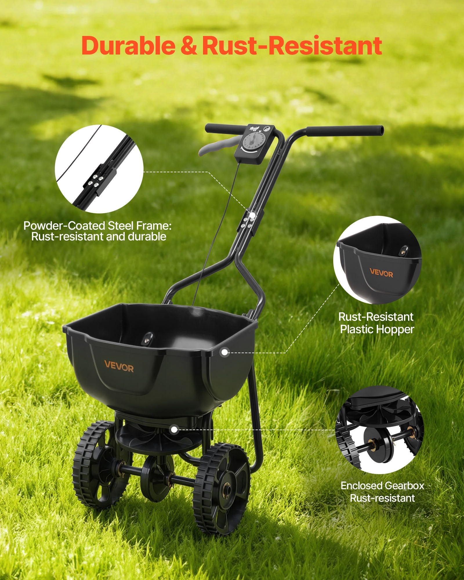 VEVOR Push Lawn Spreader, 3m Spreading Width, Broadcast Spreader with 59kg Load Capacity & 10 in All-Terrain Tires, Walk-Behind Garden & Lawn Broadcast Spreaders for Seed Fertilizer Weed Control