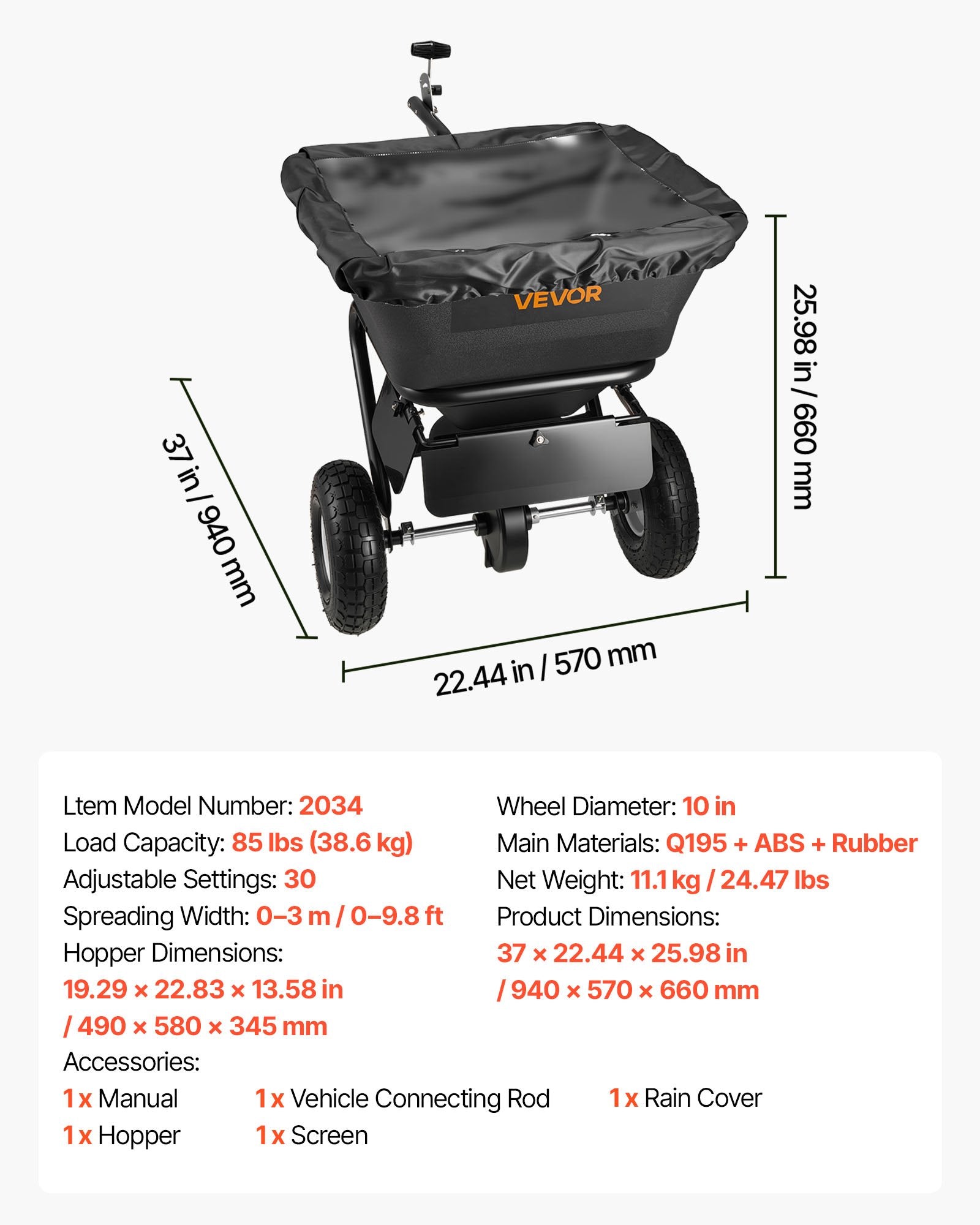 VEVOR Tow Behind Lawn Spreader, 3m Spreading Width, Garden & Lawn Spreader with Universal Hitch, 38.6kg Capacity & 10 in All-Terrain Tires, Seed Fertilizer Broadcast Spreader for ATVs UTVs