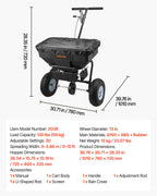 VEVOR Walk-Behind Spreader, 3.66m Spreading Width, Push Broadcast Spreader with 13" All-Terrain Tires, Adjustable Flow Control, 59kg Capacity Hopper, Lawn Spreaders for Fertilizer Seed Ice Melt