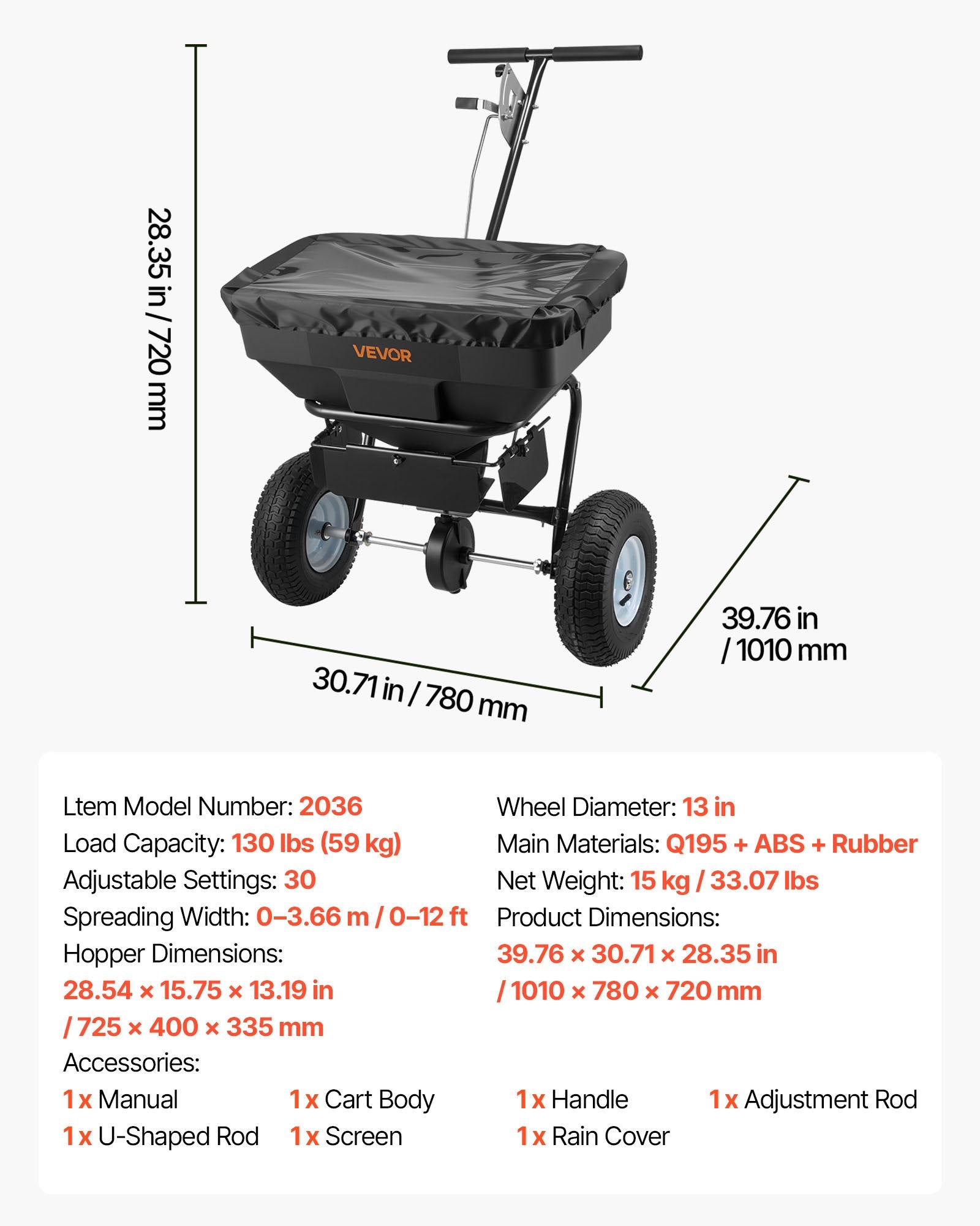 VEVOR Walk-Behind Spreader, 3.66m Spreading Width, Push Broadcast Spreader with 13" All-Terrain Tires, Adjustable Flow Control, 59kg Capacity Hopper, Lawn Spreaders for Fertilizer Seed Ice Melt