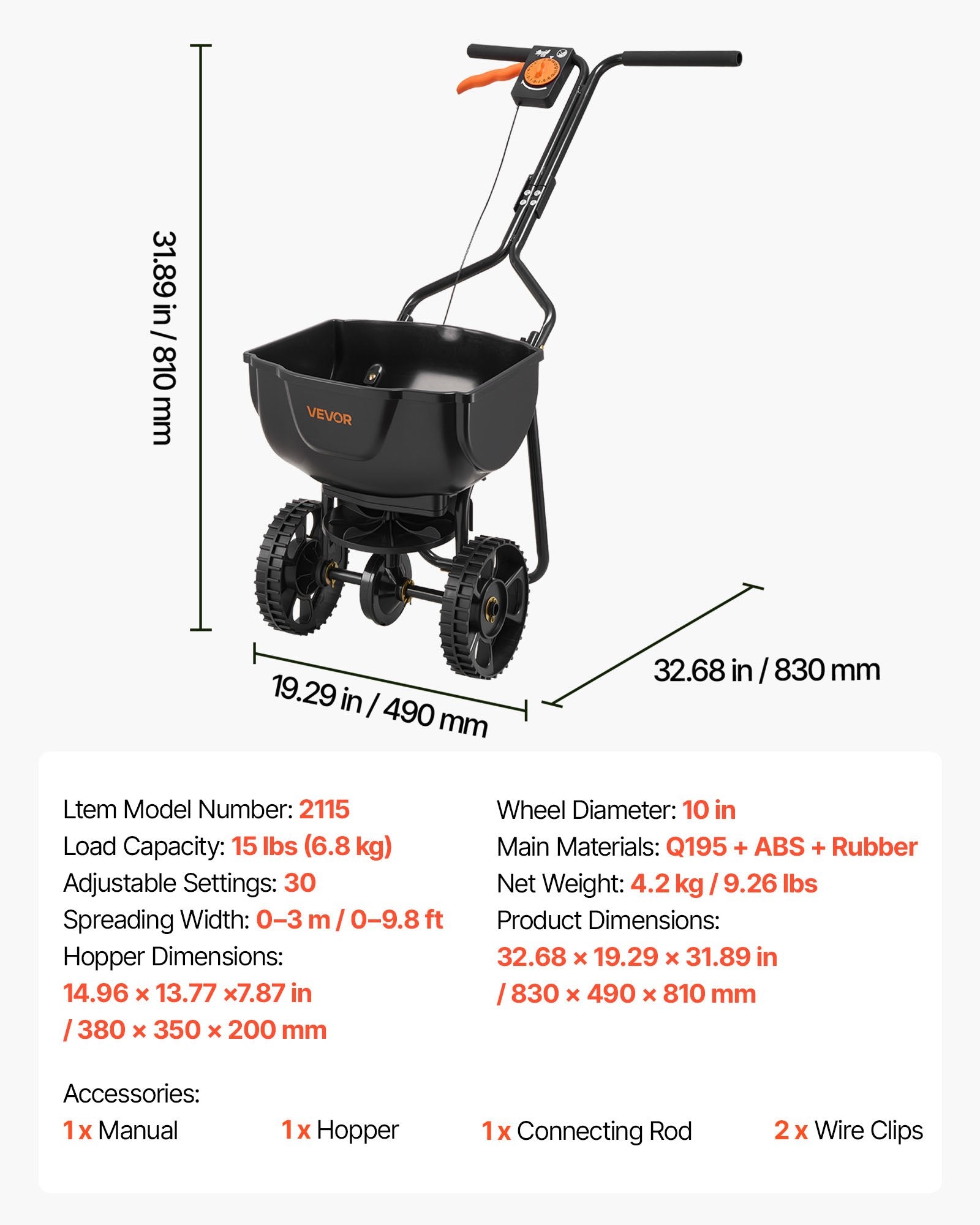VEVOR Push Lawn Spreader, 3m Spreading Width, Broadcast Spreader with 59kg Load Capacity & 10 in All-Terrain Tires, Walk-Behind Garden & Lawn Broadcast Spreaders for Seed Fertilizer Weed Control