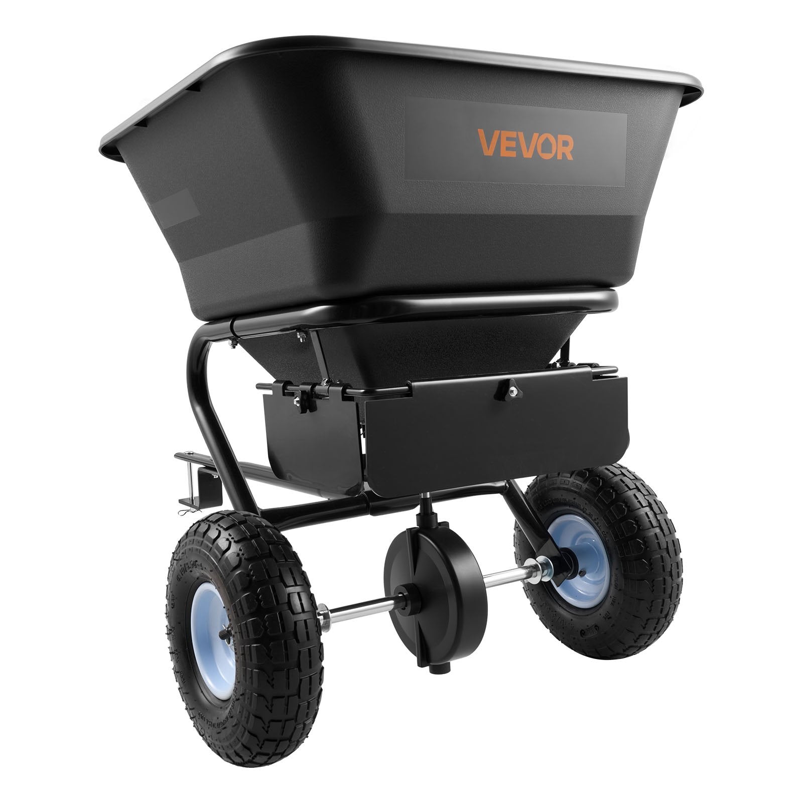 VEVOR Tow Behind Lawn Spreader, 3m Spreading Width, Garden & Lawn Spreader with Universal Hitch, 38.6kg Capacity & 10 in All-Terrain Tires, Seed Fertilizer Broadcast Spreader for ATVs UTVs