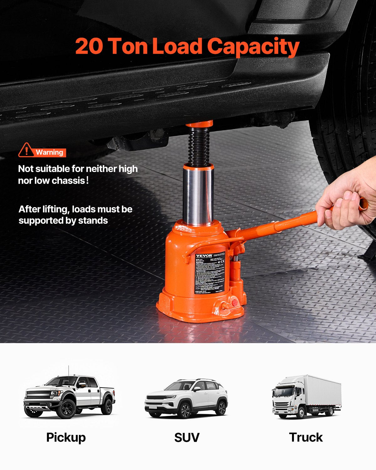 VEVOR Hydraulic Bottle Jack, 20 Ton/44092 lbs Welded Bottle Jack with 6.69''-12.6'' Lifting Range & 3-Section Long Handle, for Car, Pickup, Truck, RV, Auto Repair, Industrial Engineering