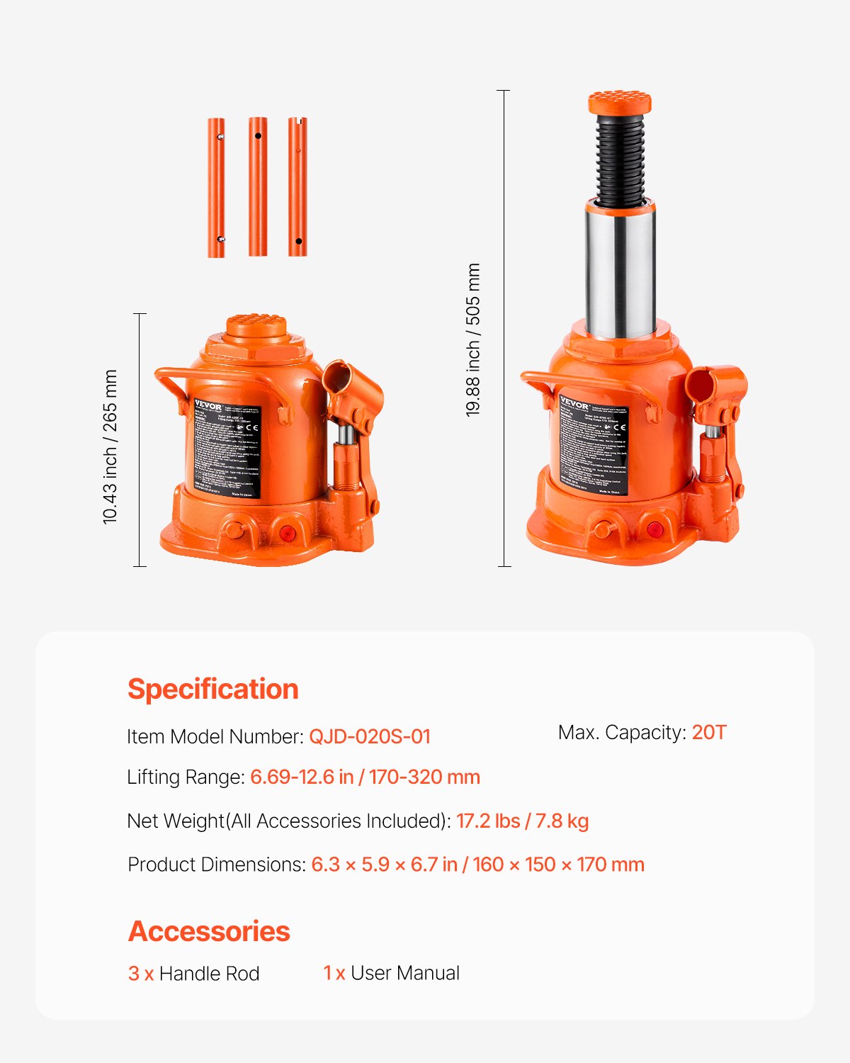 VEVOR Hydraulic Bottle Jack, 20 Ton/44092 lbs Welded Bottle Jack with 6.69''-12.6'' Lifting Range & 3-Section Long Handle, for Car, Pickup, Truck, RV, Auto Repair, Industrial Engineering