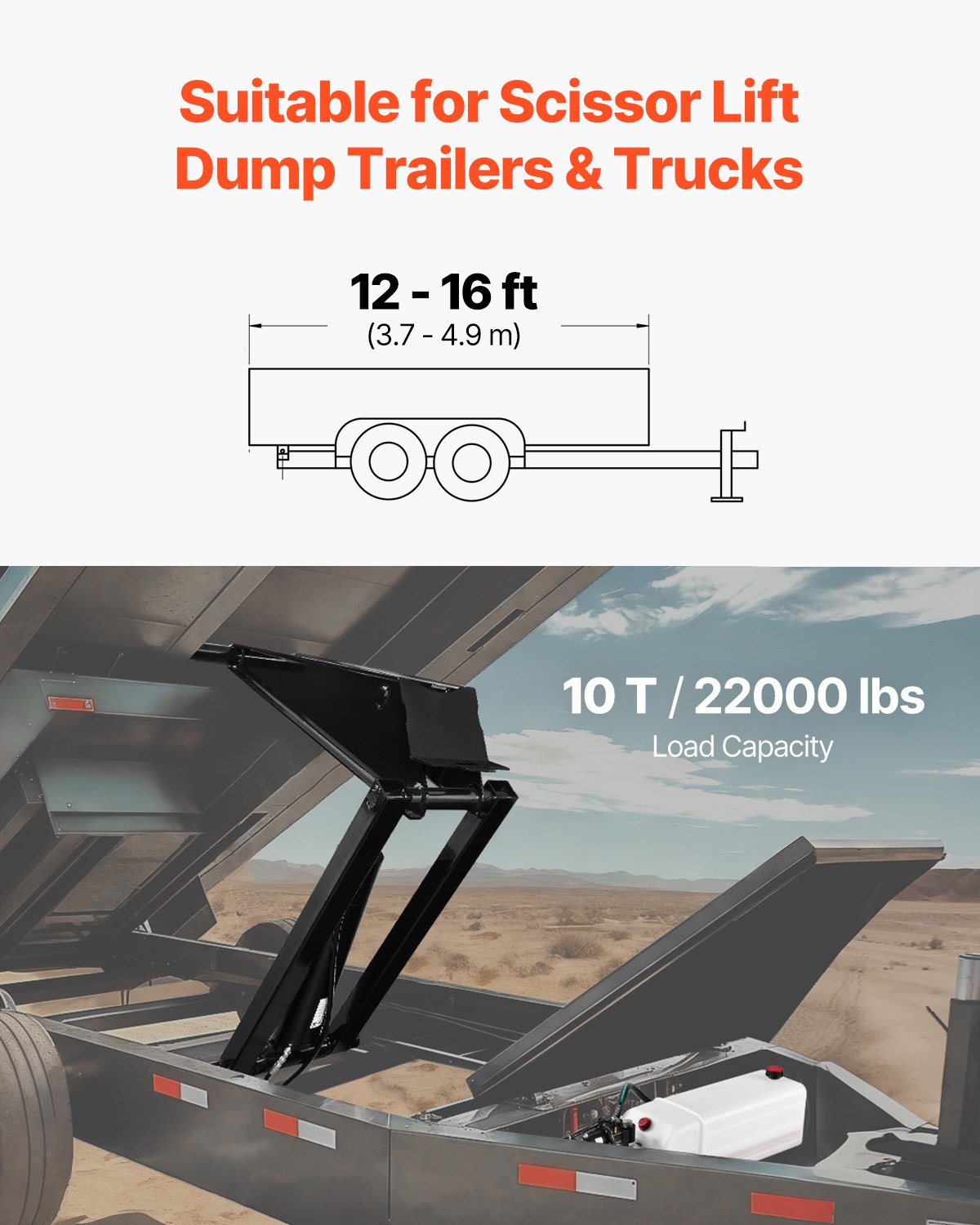 VEVOR Hydraulic Dump Lift Kit, 22,000 lb/10 T Dump Trailer Hydraulic Scissor Hoist Kit Standard Kit, Hydraulic Dump Bed Kit with 12V Hydraulic Pump Unit Suitable for Scissor Lift Dump Trailers Trucks